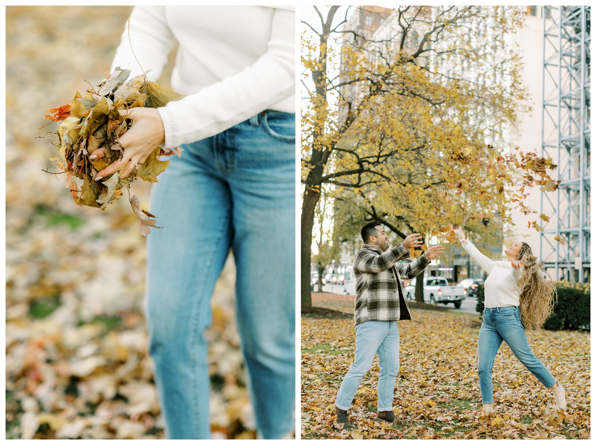 fall engagement shoot with white sweater near detroit institute of arts in downtown by josh and andrea photography 