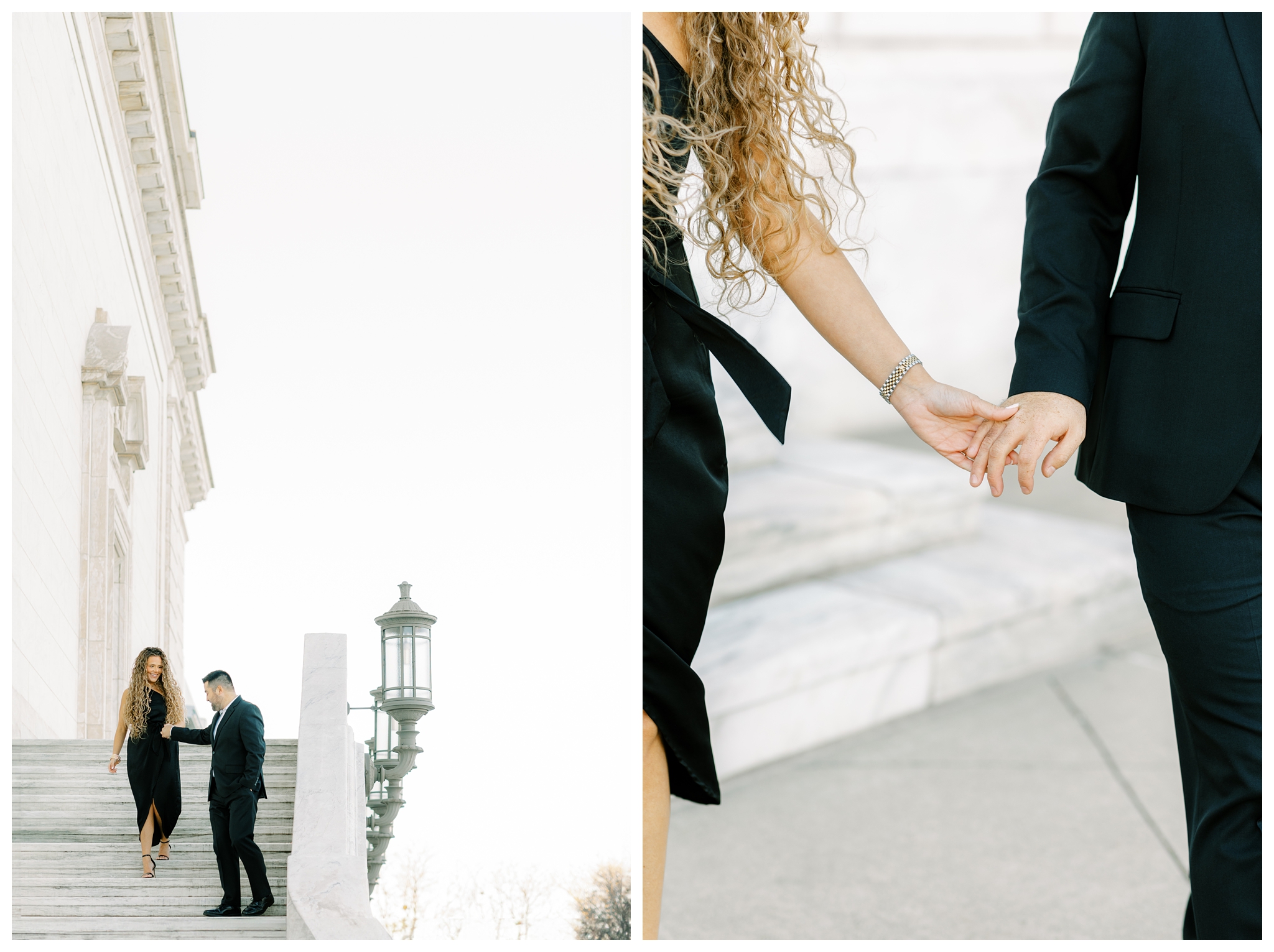 luxury engagement shoot with black dress near detroit institute of arts in downtown by josh and andrea photography 
