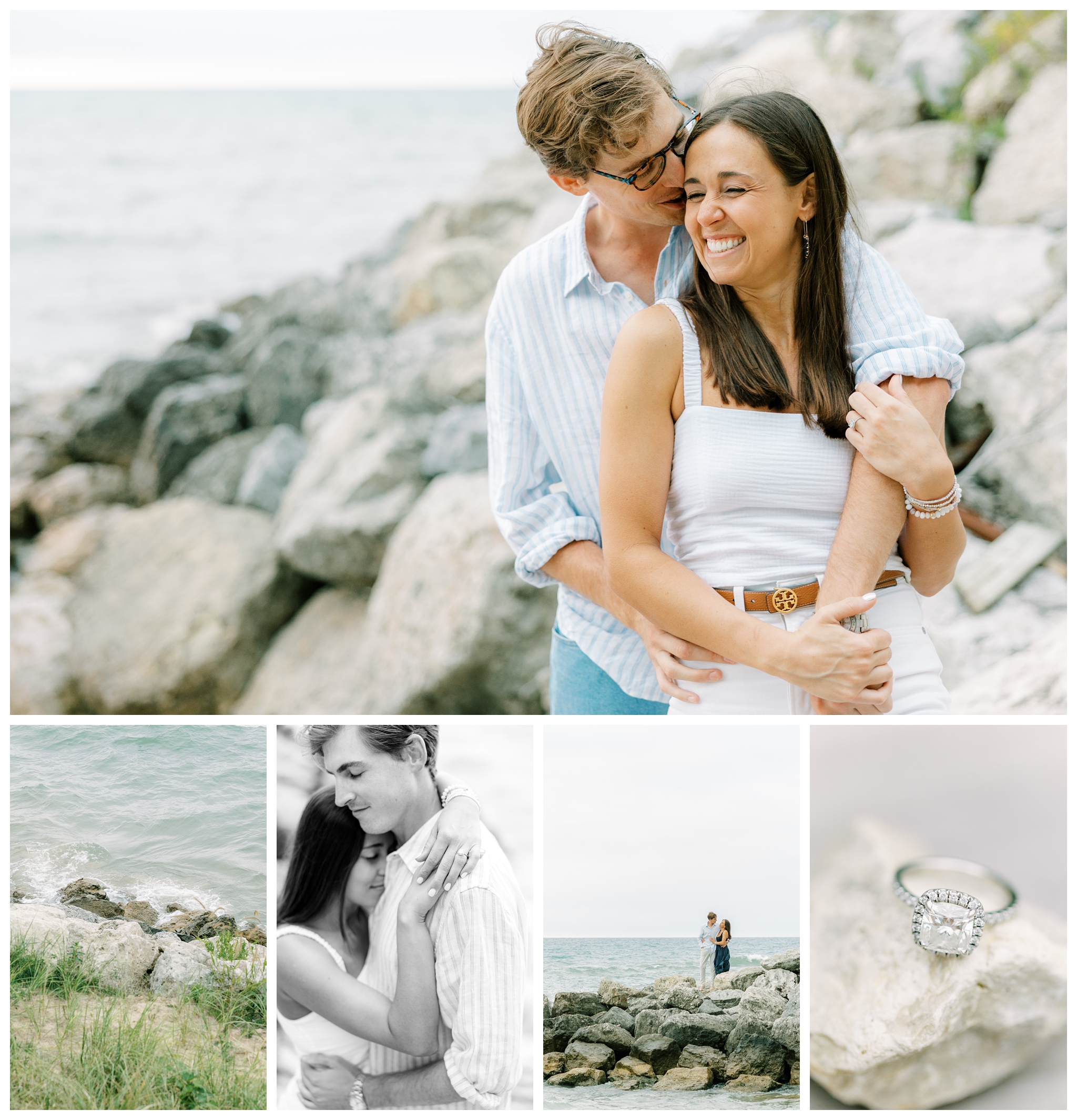 romantic engagement shoot on rocks on lake michigan near saint joseph by josh and andrea photography
