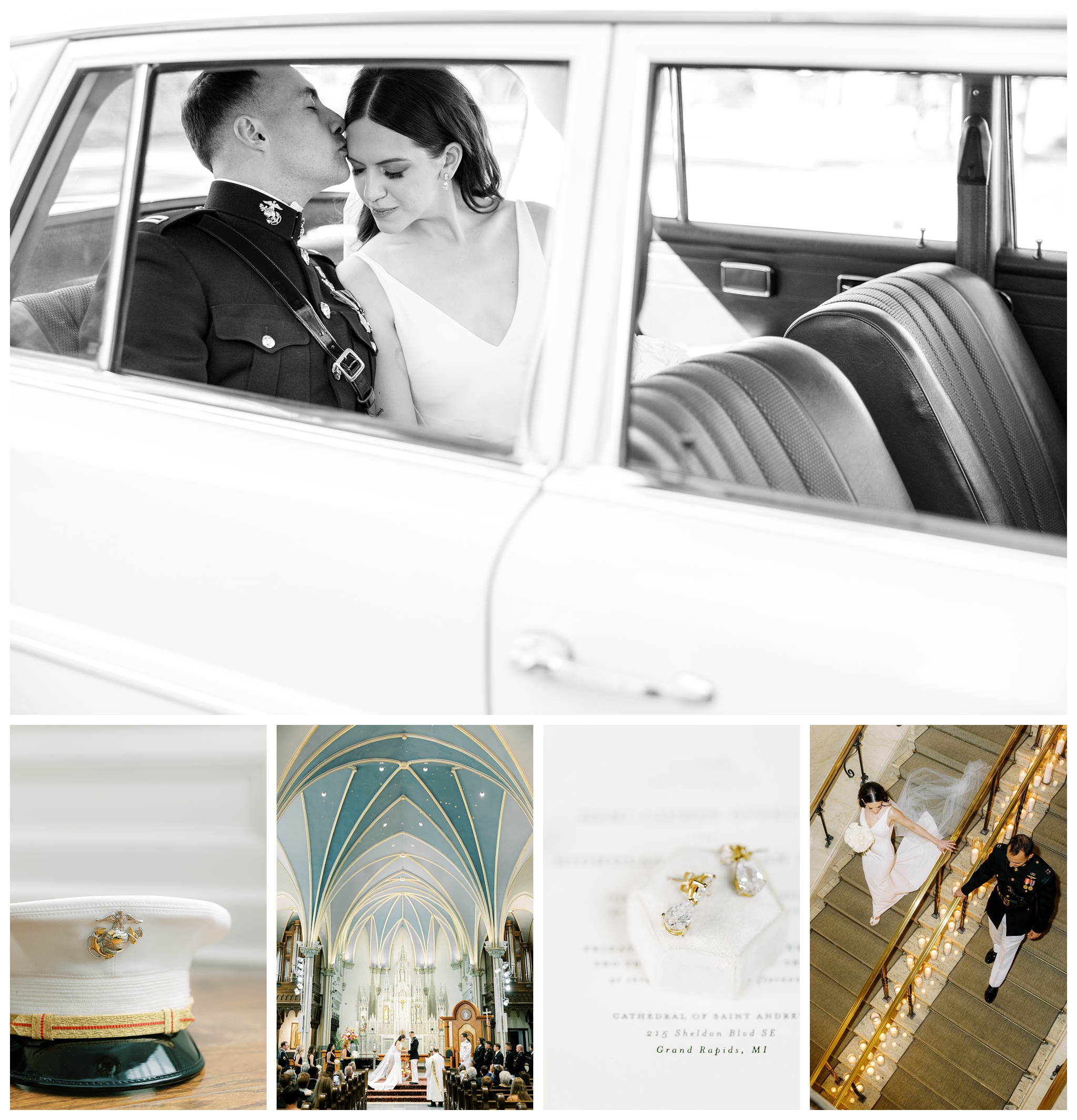 beautiful military catholic church wedding with classic vintage car in downtown grand rapids at cityflats hotel by josh and andrea photography 