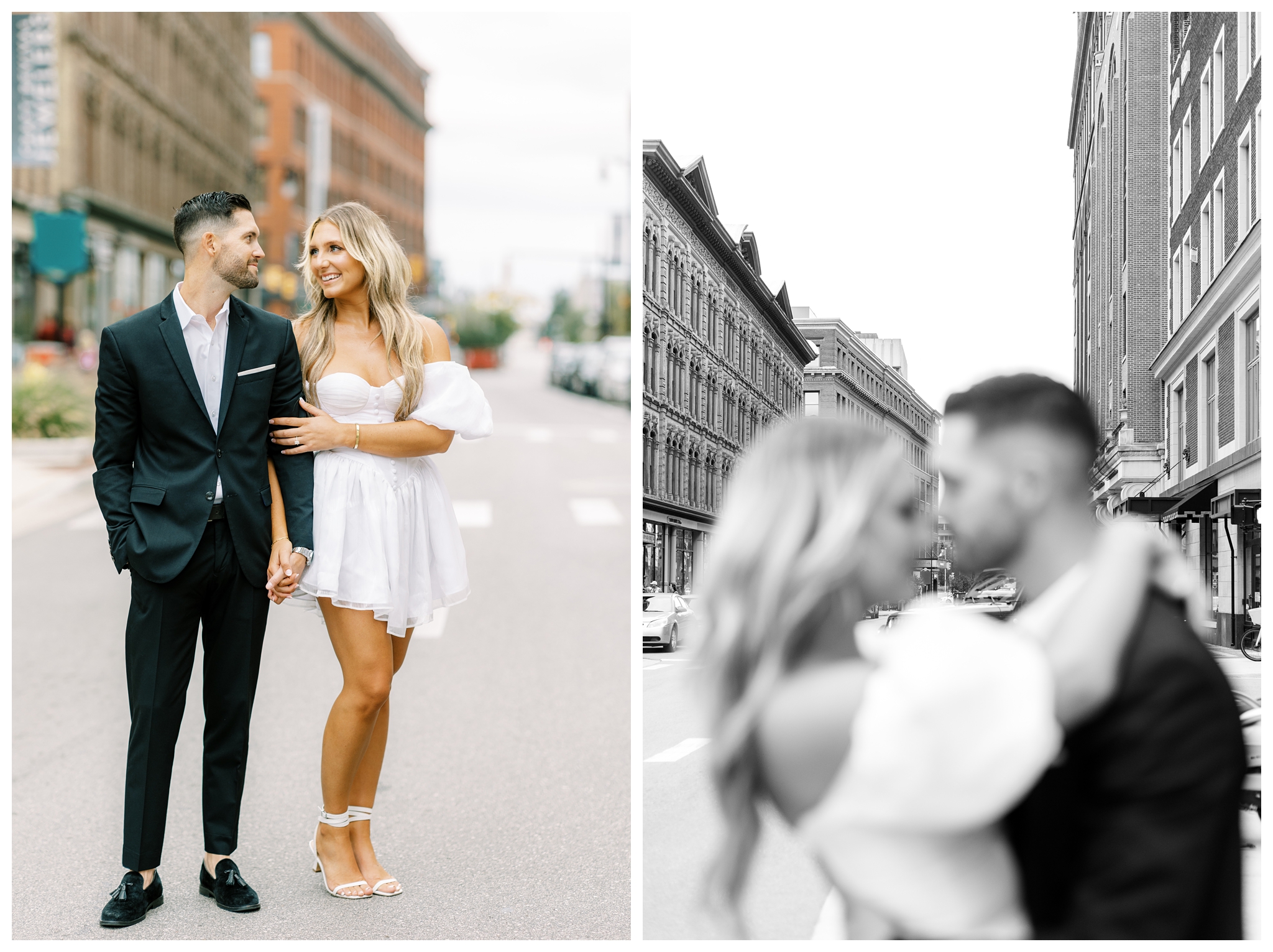 beautiful romantic downtown and bar engagement shoot in grand rapids by josh and andrea photography with a champagne pop