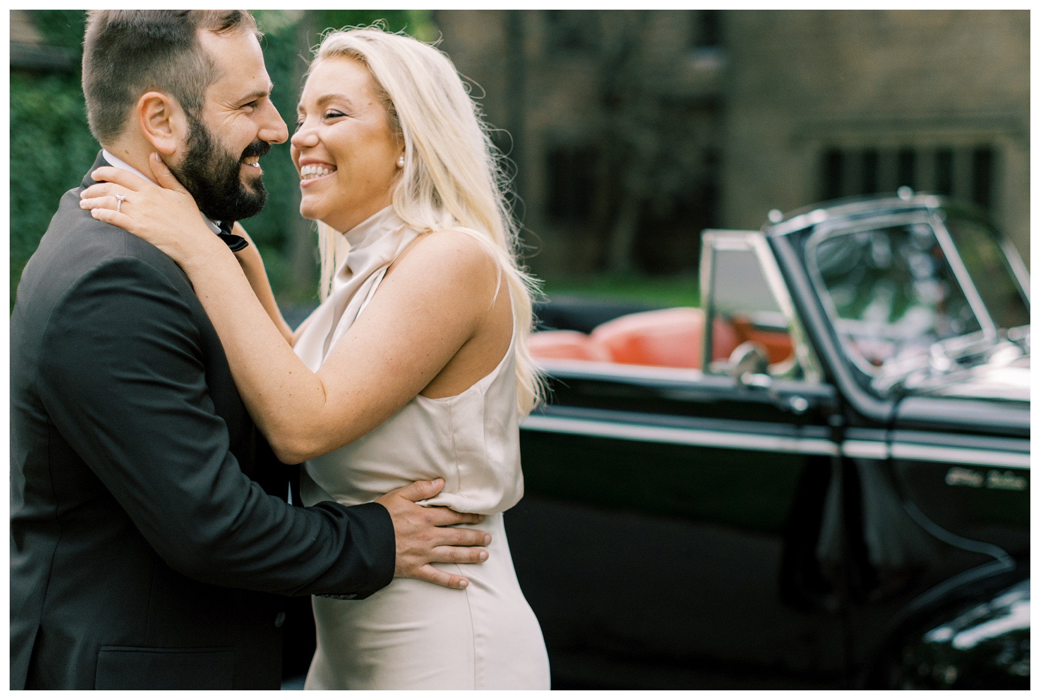 Romantic classy engagement shoot with a vintage convertible at the Ford House near grosse pointe michigan by josh and Andrea photography