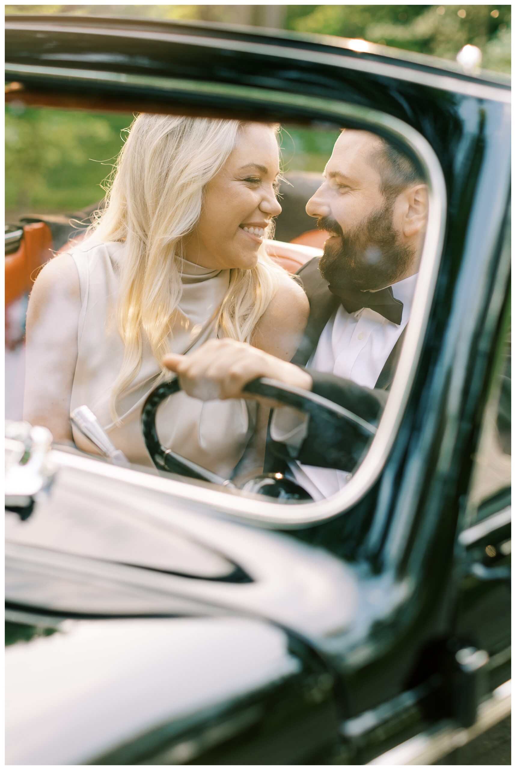 Romantic classy engagement shoot with a vintage convertible at the Ford House near grosse pointe michigan by josh and Andrea photography