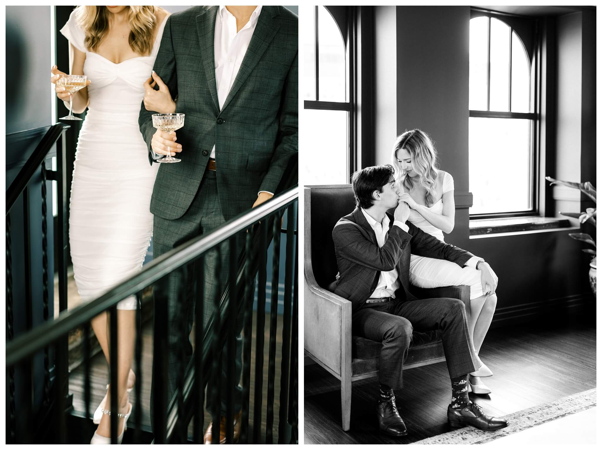 beautiful romantic hollywood style bar engagement shoot in downtown detroit at the monarch club and DIA by josh and andrea photograpy 