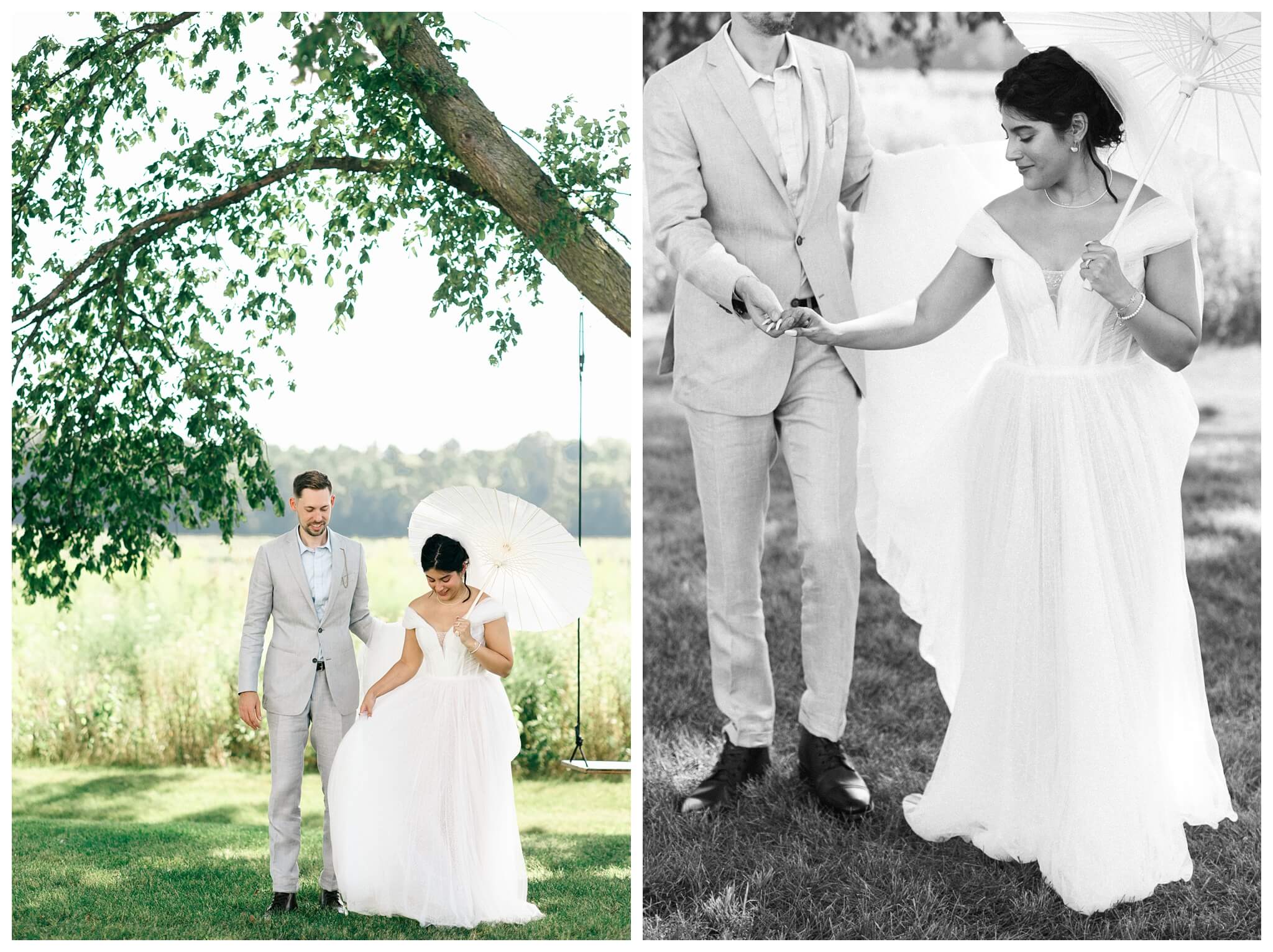 white barn wedding with parasols at etre farms in saint joseph michigan by josh and andrea photography