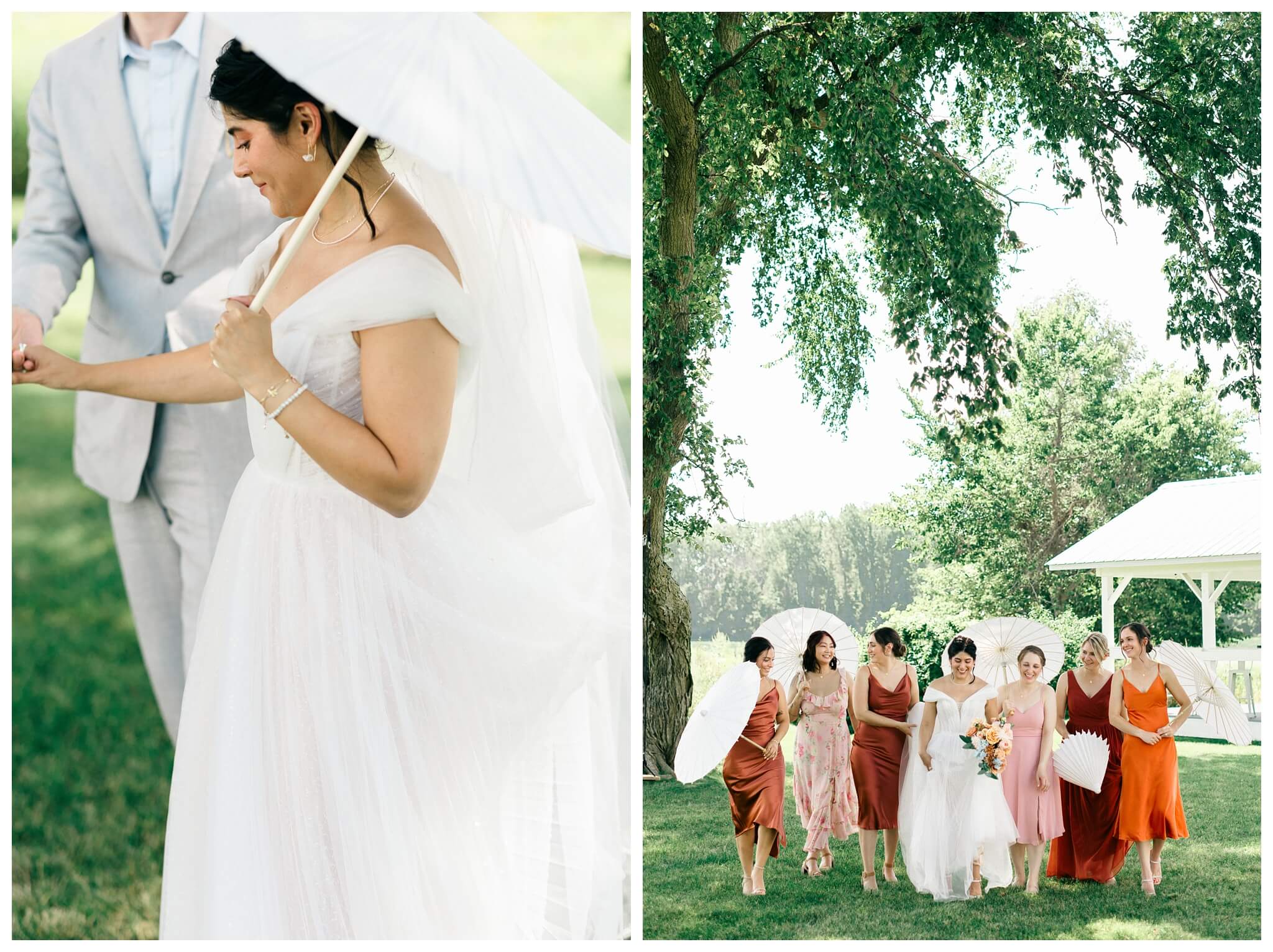 white barn wedding with parasols at etre farms in saint joseph michigan by josh and andrea photography