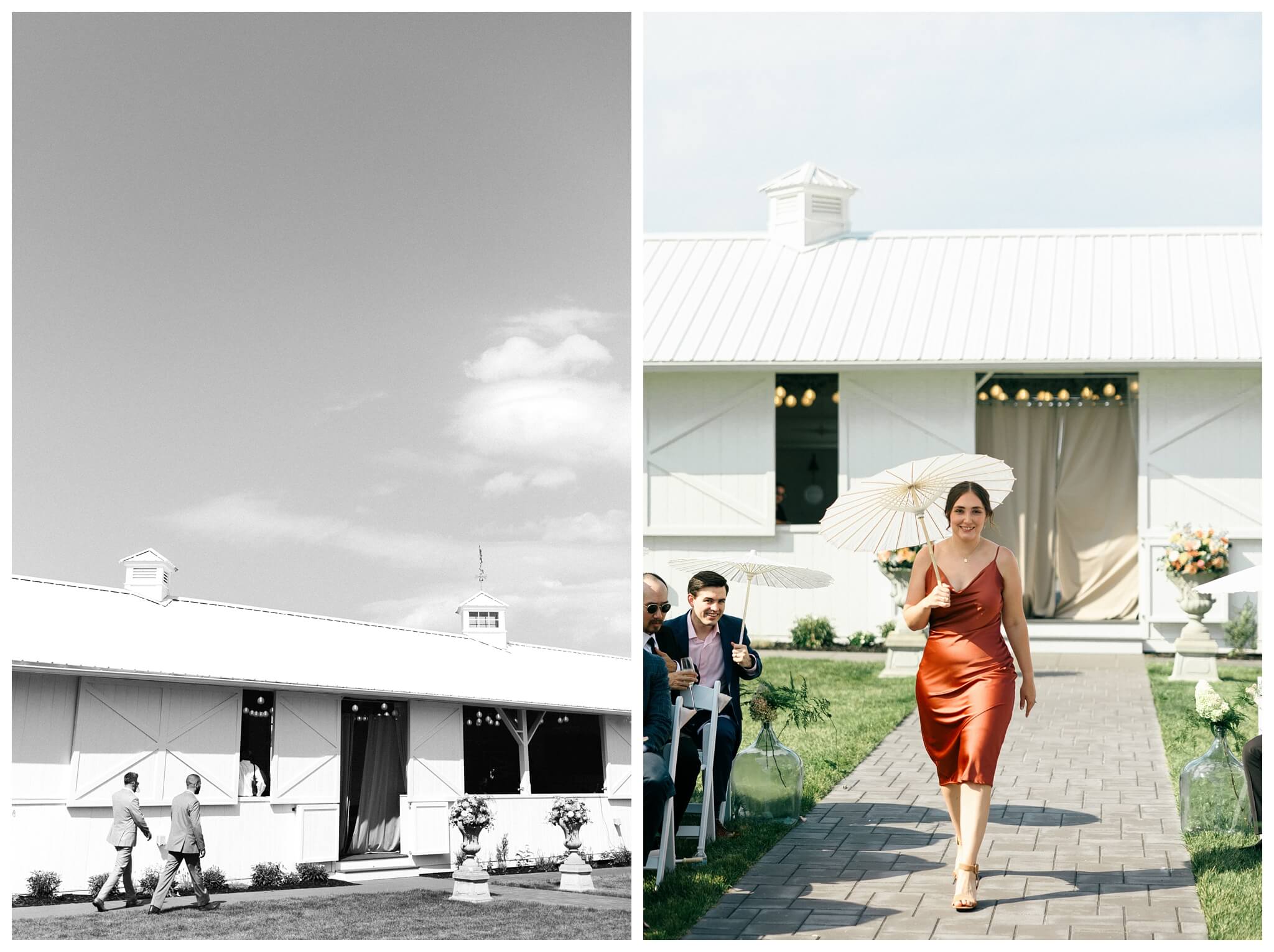 white barn wedding with parasols at etre farms in saint joseph michigan by josh and andrea photography