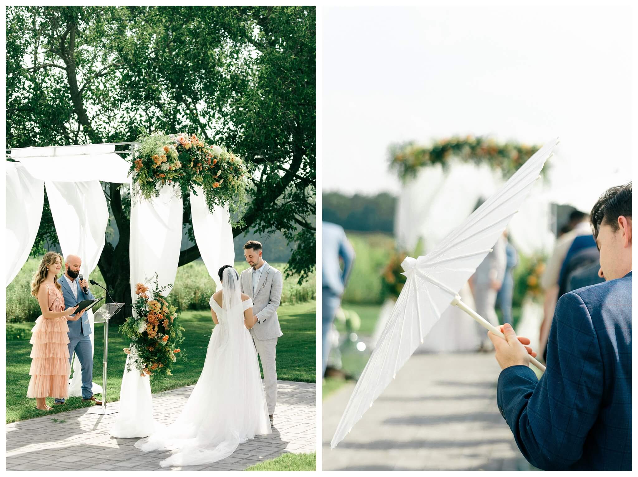 white barn wedding with parasols at etre farms in saint joseph michigan by josh and andrea photography