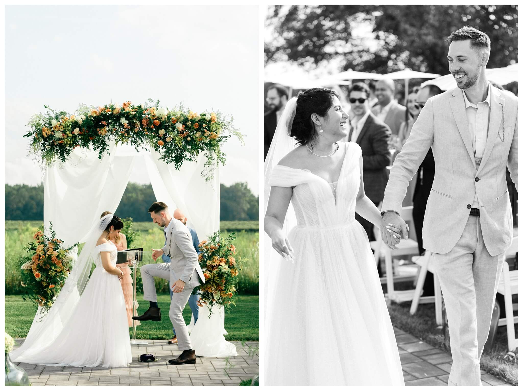 white barn wedding with parasols at etre farms in saint joseph michigan by josh and andrea photography