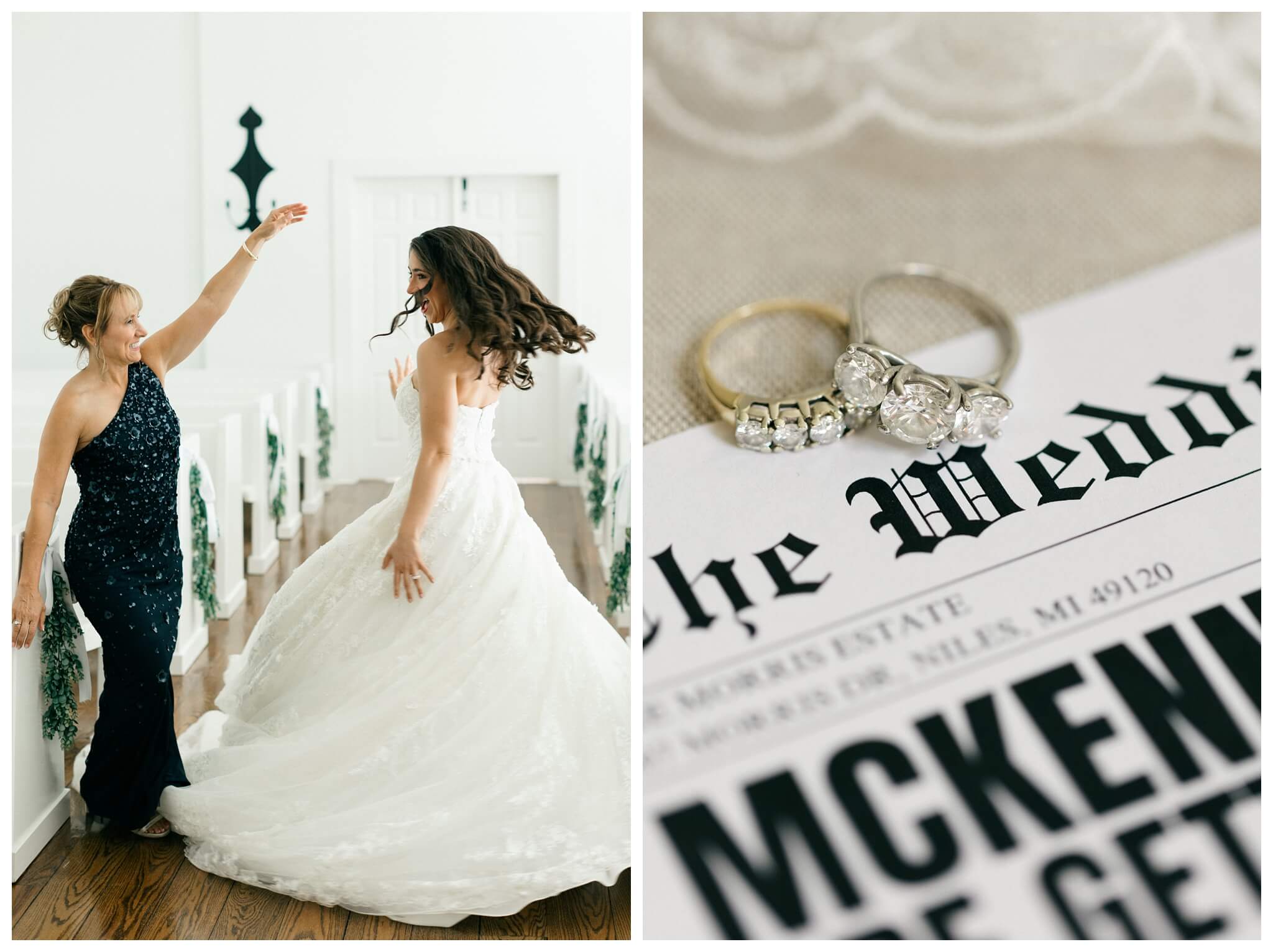 romantic white chapel wedding in niles michigan at morris estate with classic car by josh and andrea photography