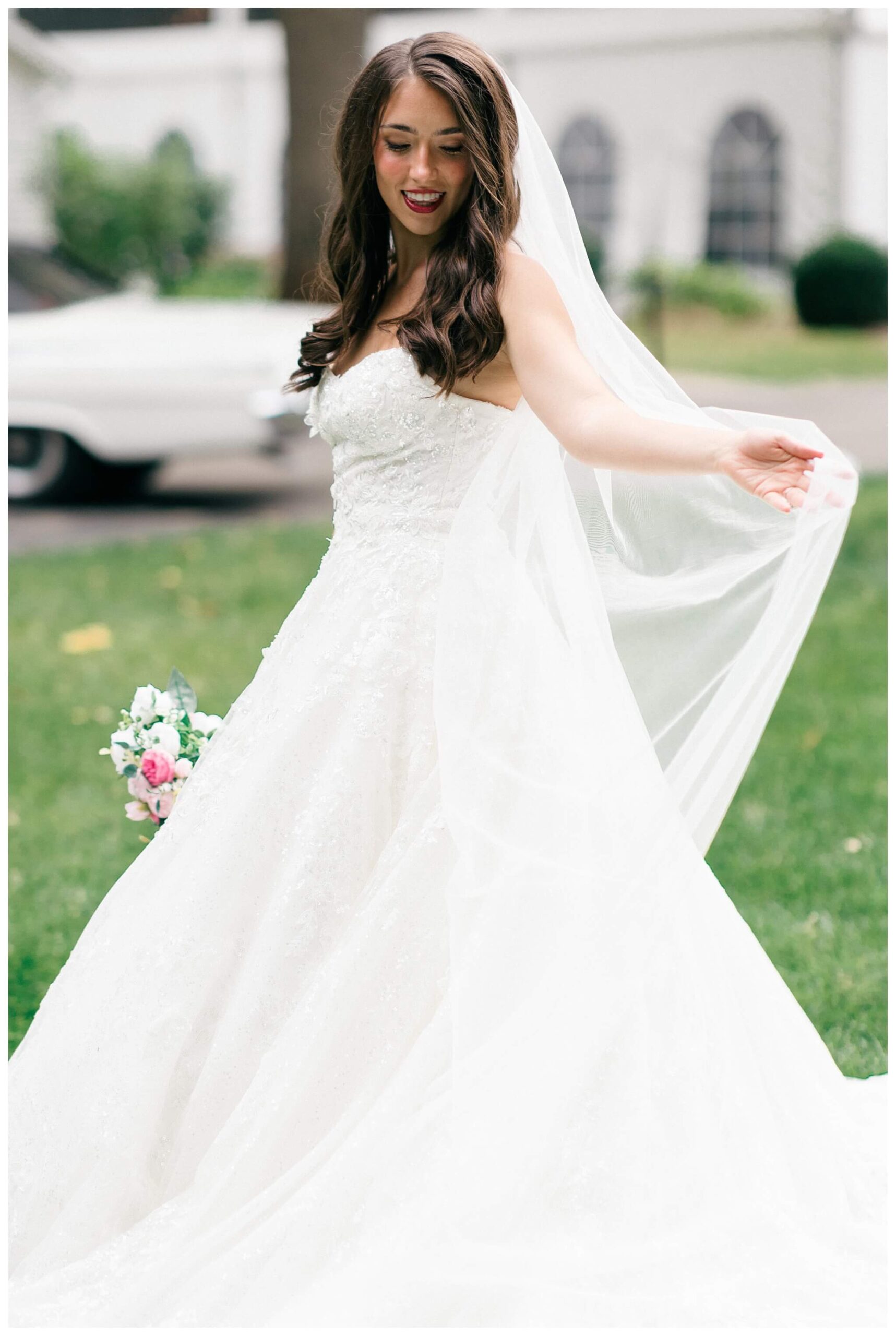 romantic white chapel wedding in niles michigan at morris estate with classic car by josh and andrea photography