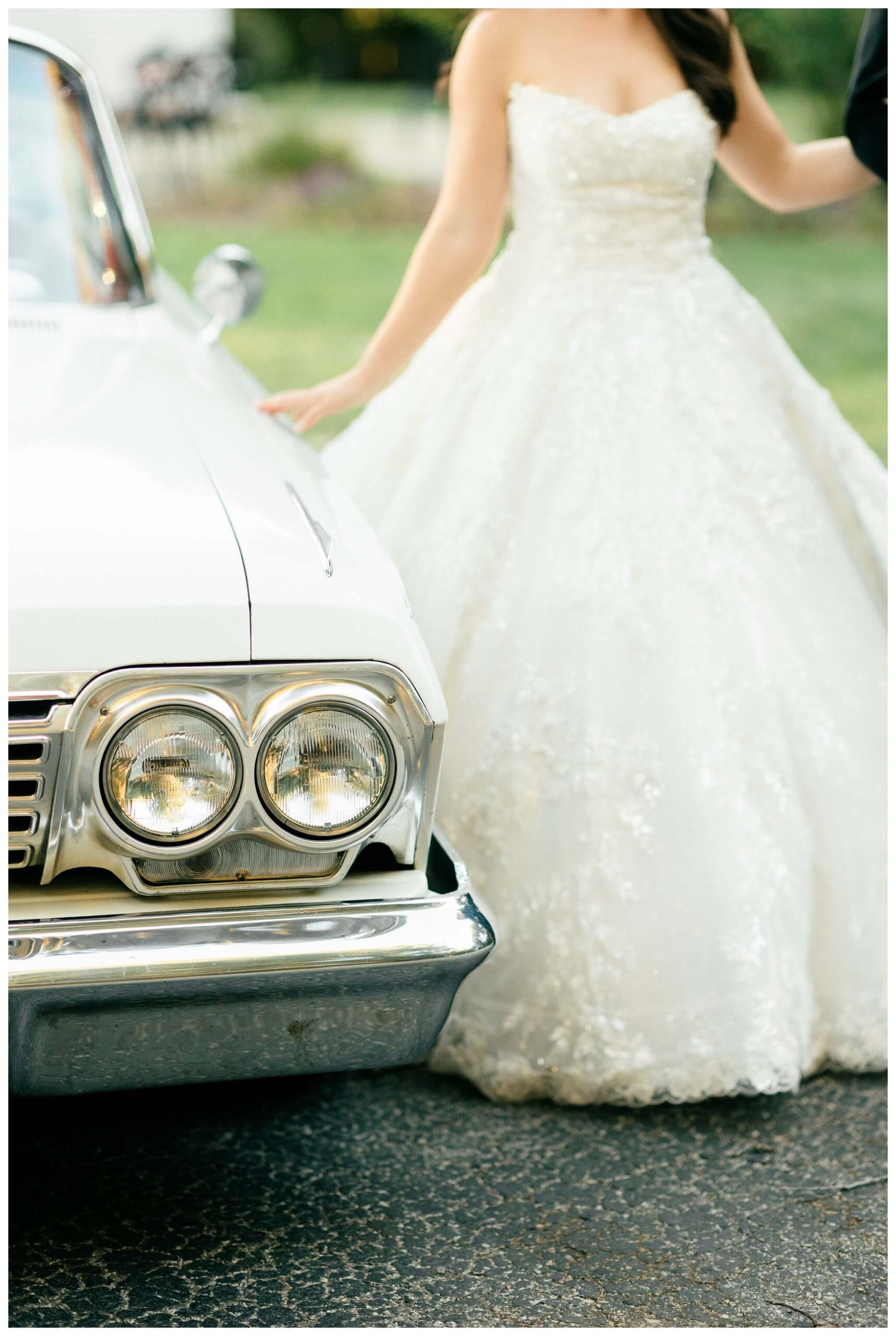 romantic white chapel wedding in niles michigan at morris estate with classic car by josh and andrea photography