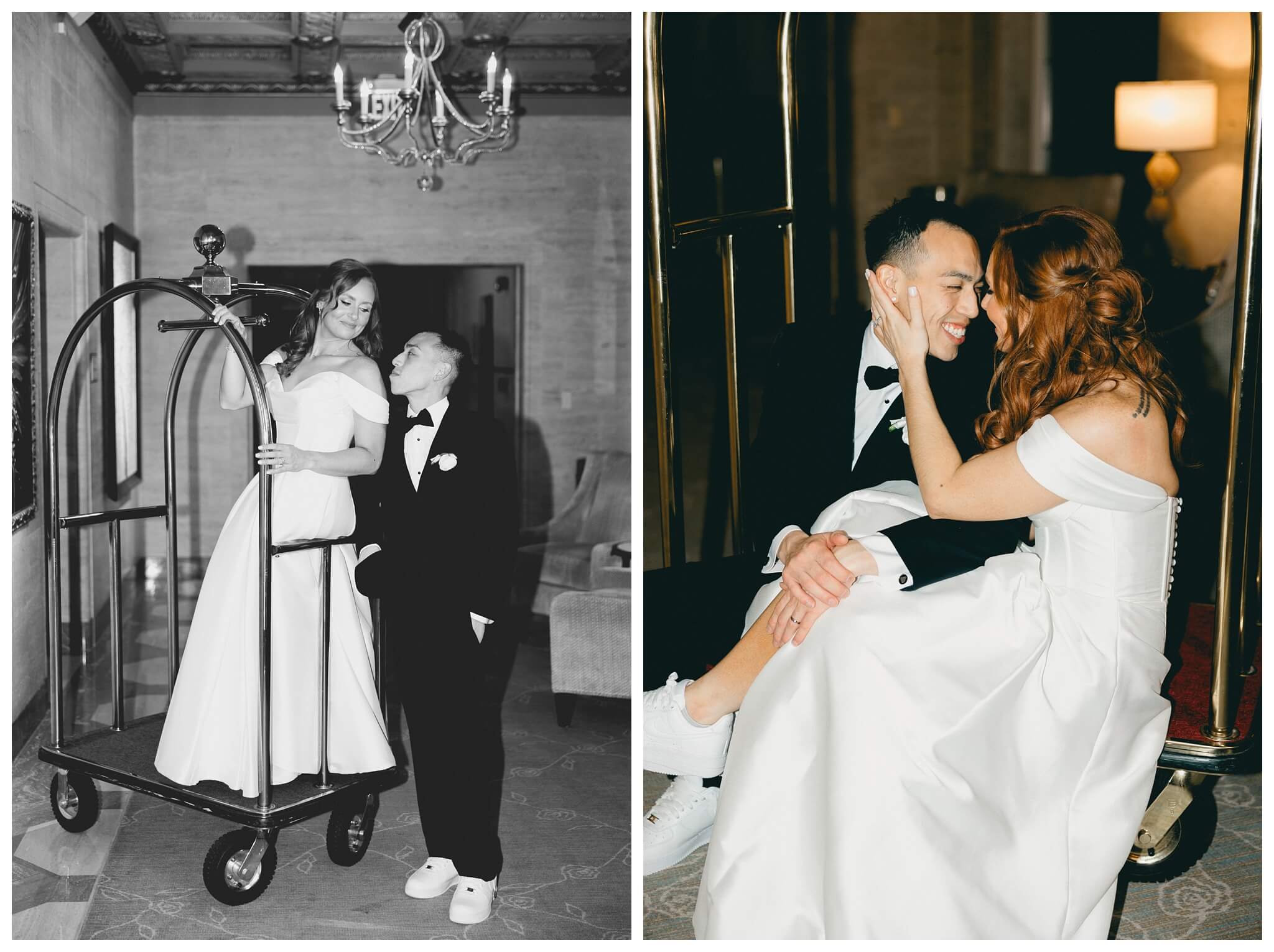 romantic timeless black tie wedding at saint johns resort with a luggage cart near detroit michigan by josh and andrea photography 