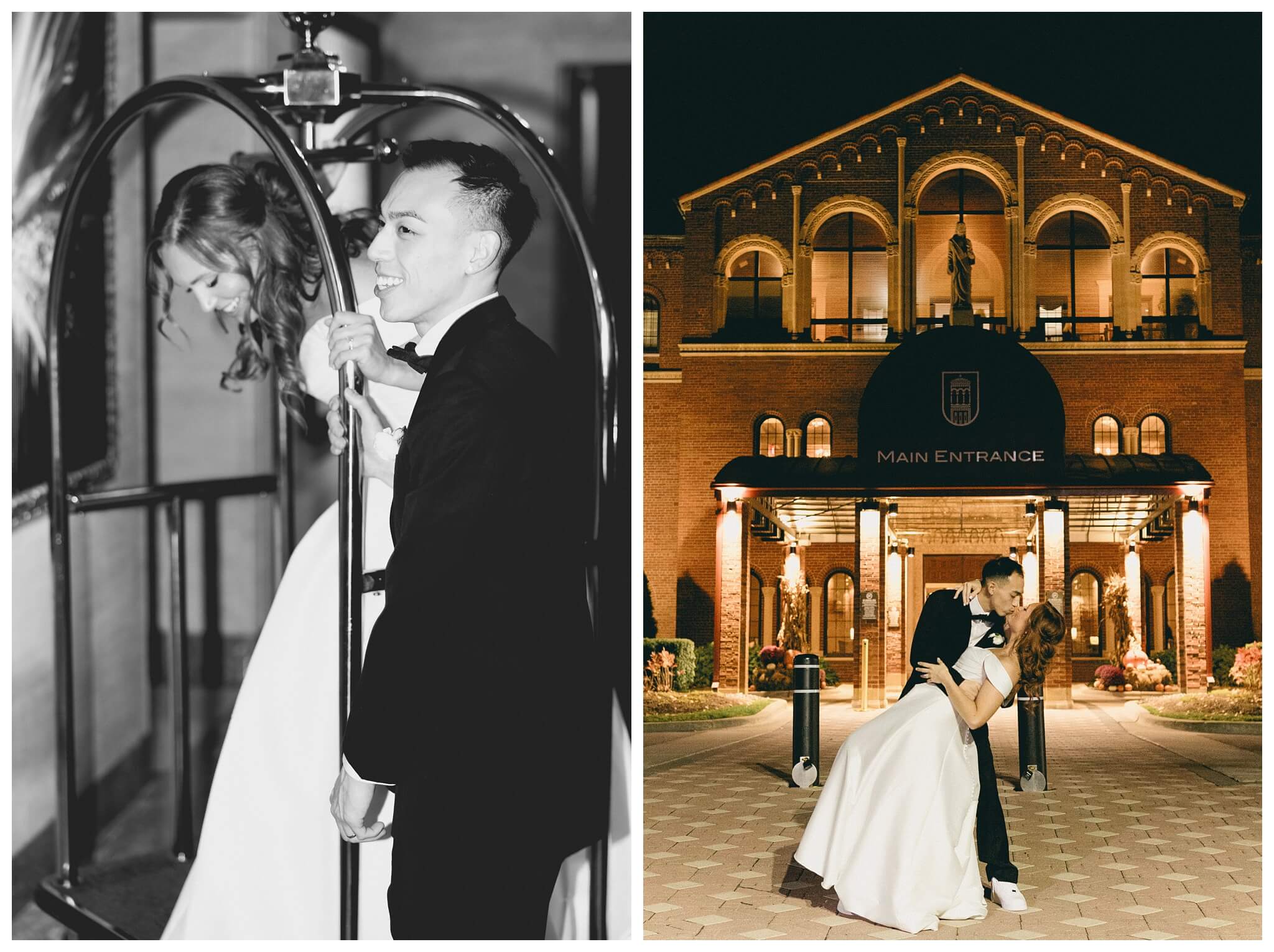 romantic timeless black tie wedding at saint johns resort with a luggage cart near detroit michigan by josh and andrea photography 