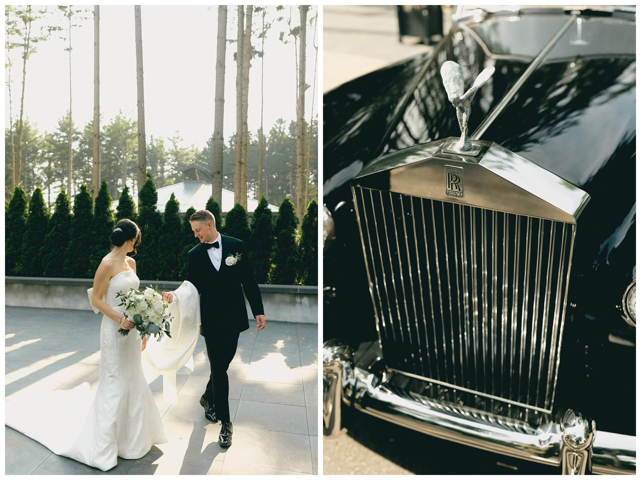 stunning black tie forest wedding with rolls royce vintage car at shepherds hollow near detroit michigan by josh and andrea photography