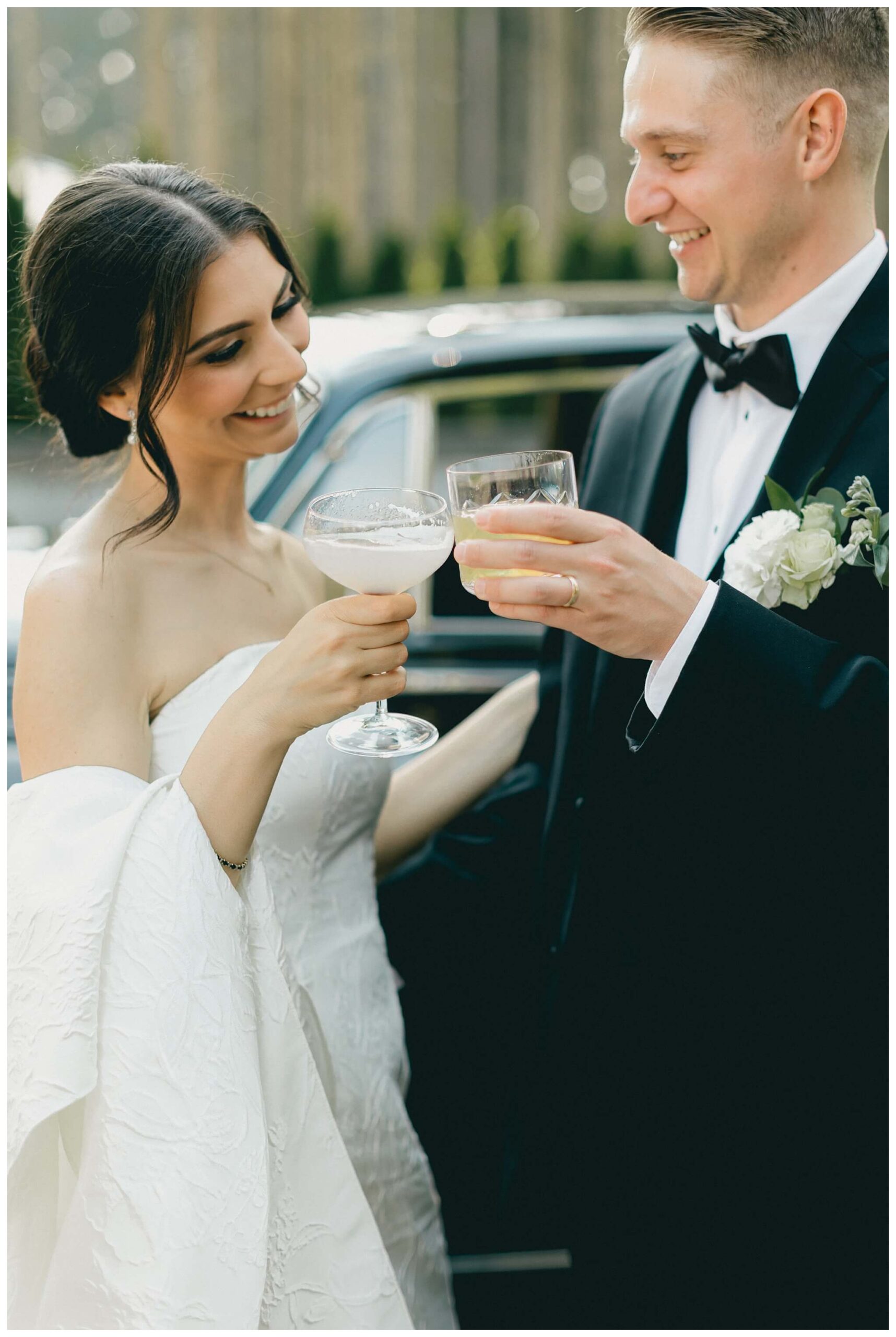 stunning black tie forest wedding with rolls royce vintage car at shepherds hollow near detroit michigan by josh and andrea photography