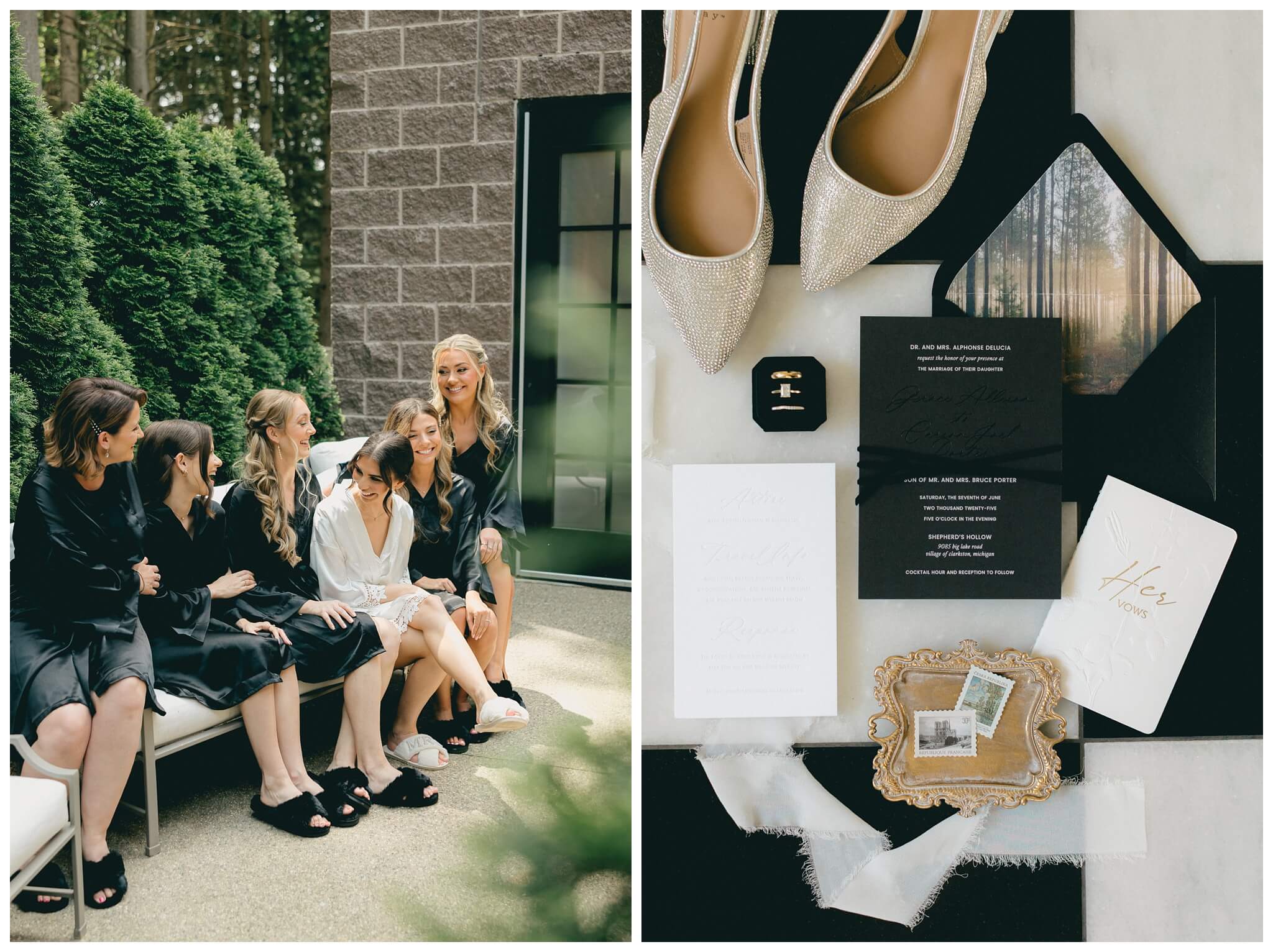 stunning black tie forest wedding with rolls royce vintage car at shepherds hollow near detroit michigan by josh and andrea photography