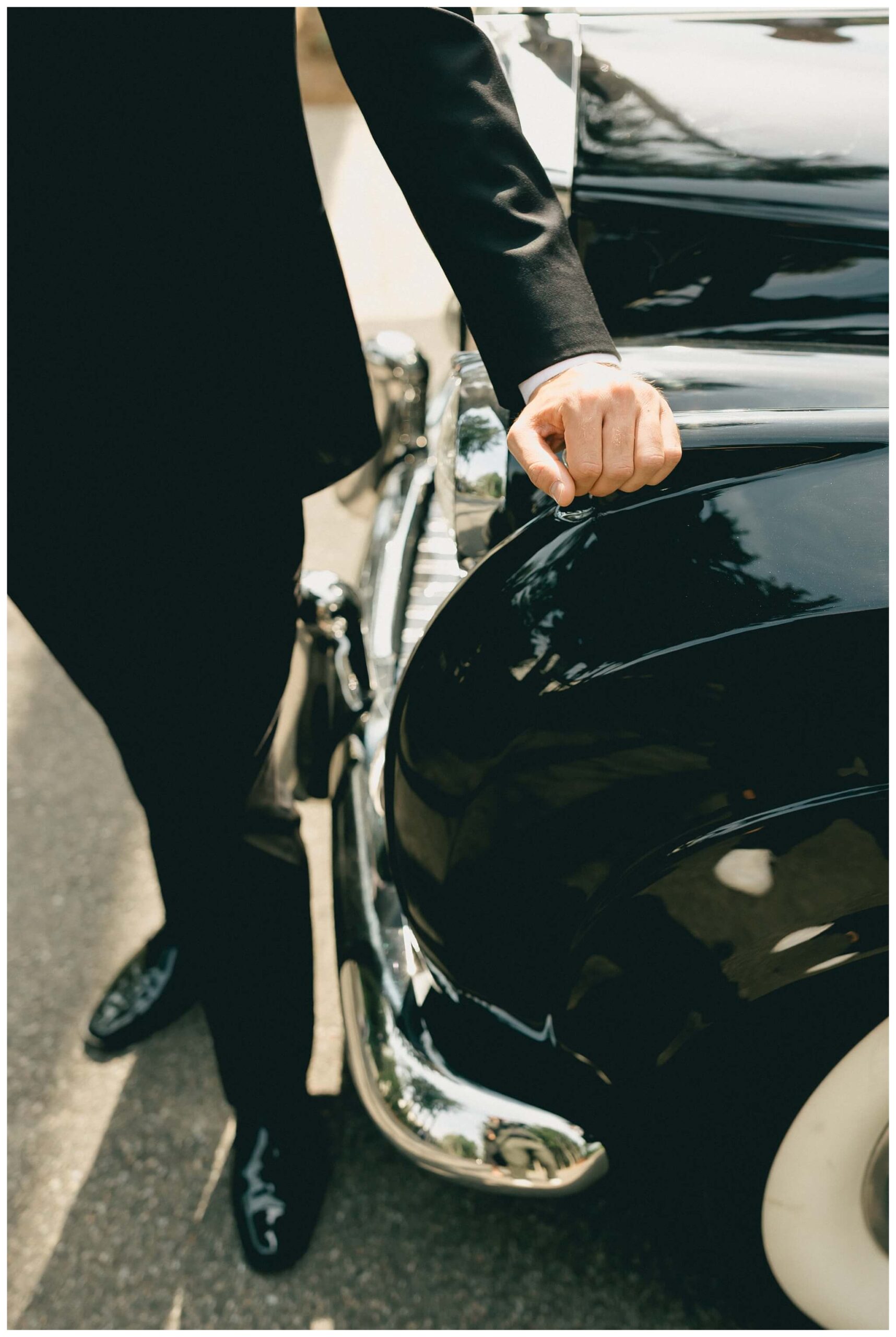 stunning black tie forest wedding with rolls royce vintage car at shepherds hollow near detroit michigan by josh and andrea photography