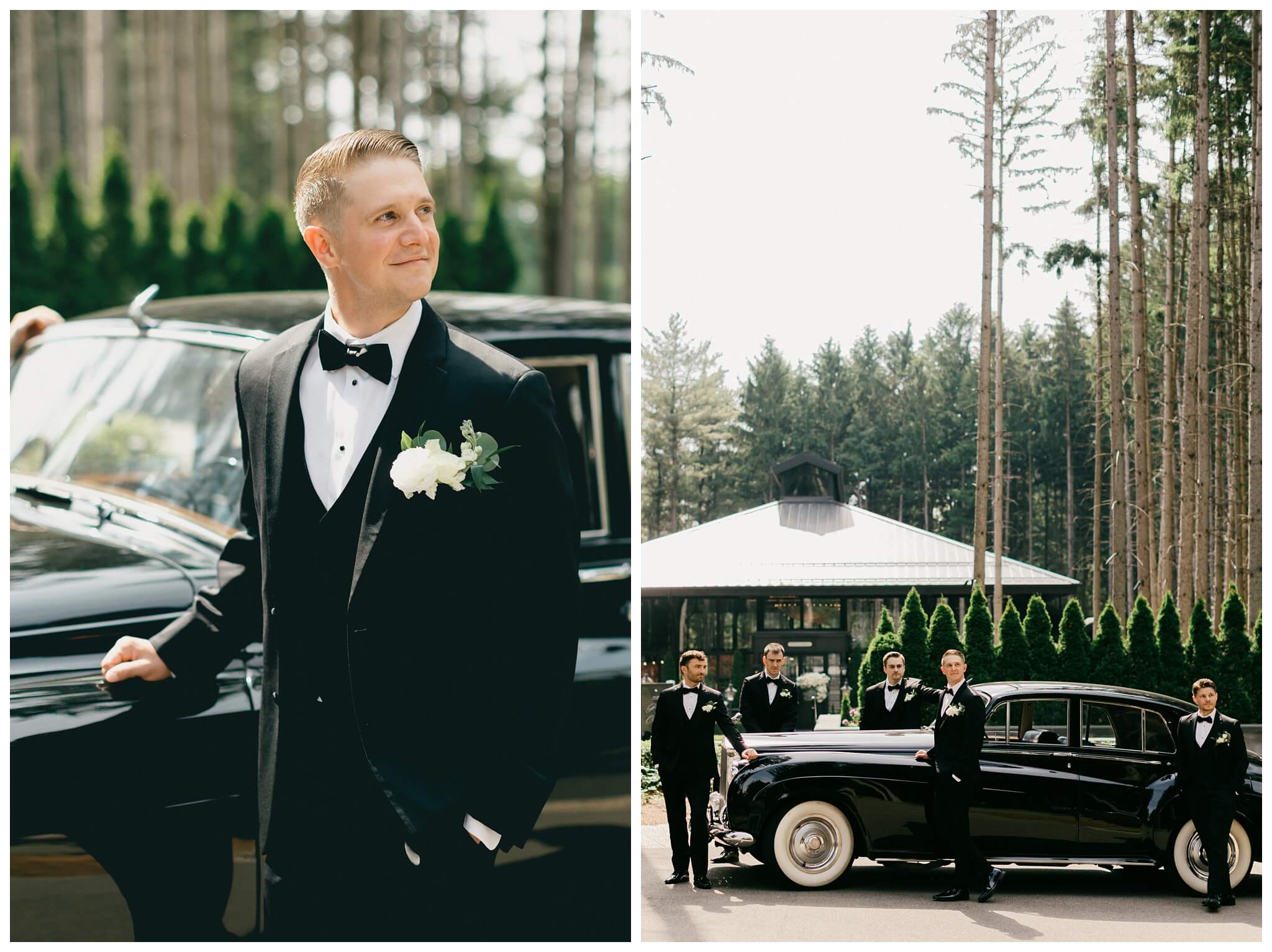 stunning black tie forest wedding with rolls royce vintage car at shepherds hollow near detroit michigan by josh and andrea photography