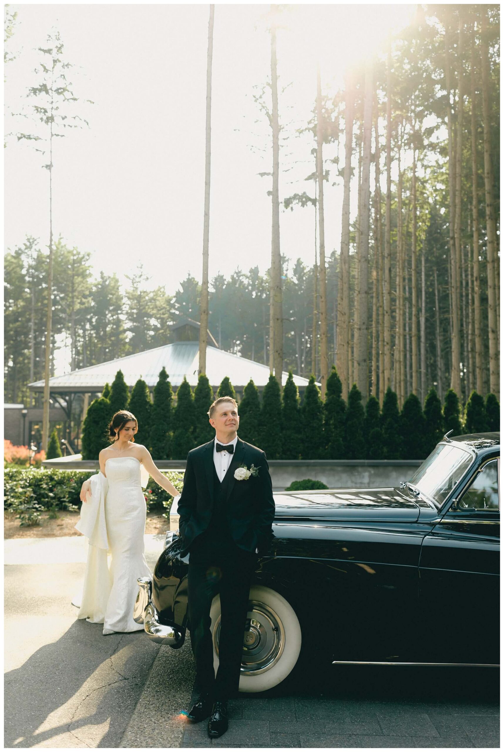 stunning black tie forest wedding with rolls royce vintage car at shepherds hollow near detroit michigan by josh and andrea photography
