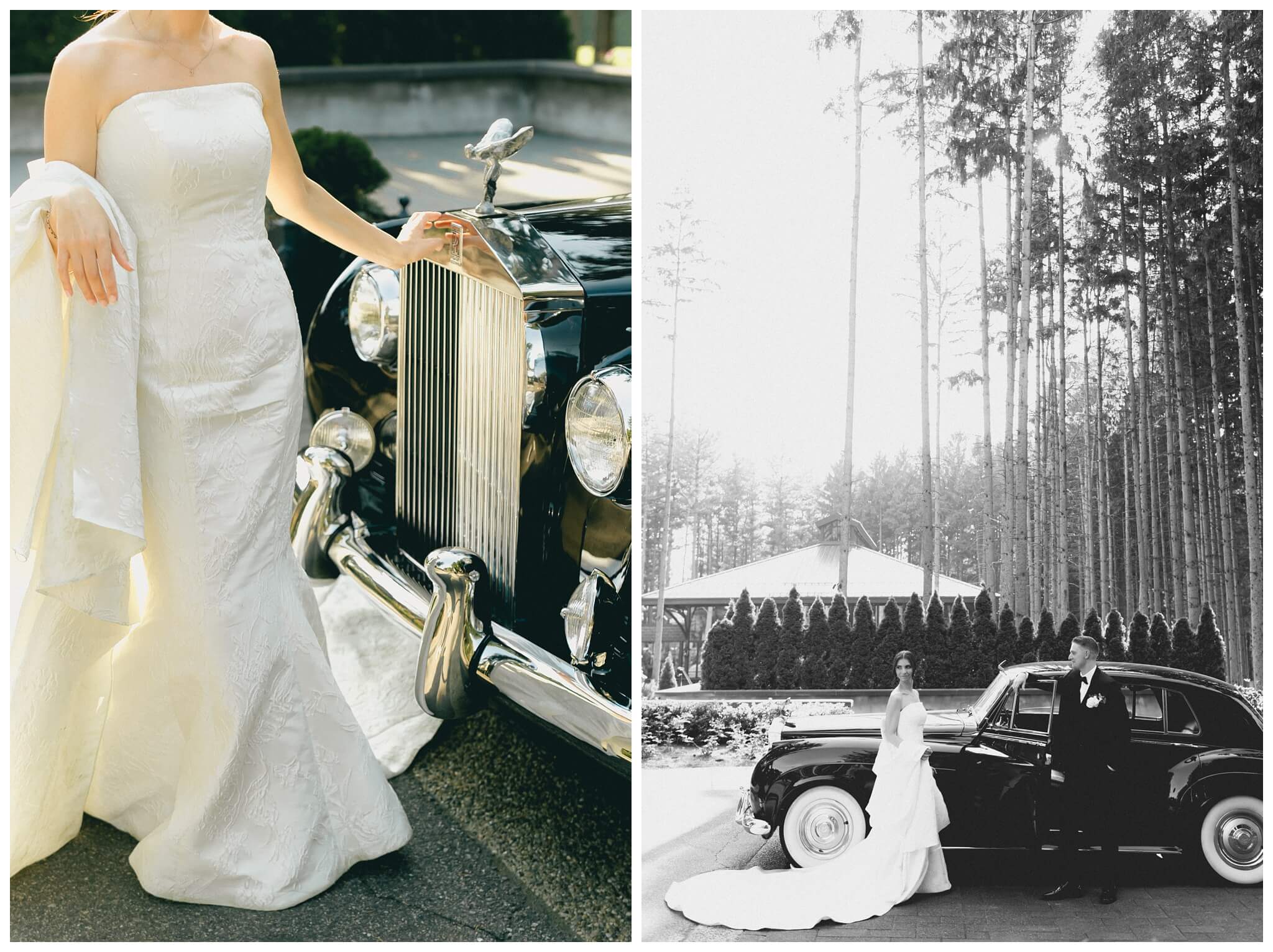 stunning black tie forest wedding with rolls royce vintage car at shepherds hollow near detroit michigan by josh and andrea photography