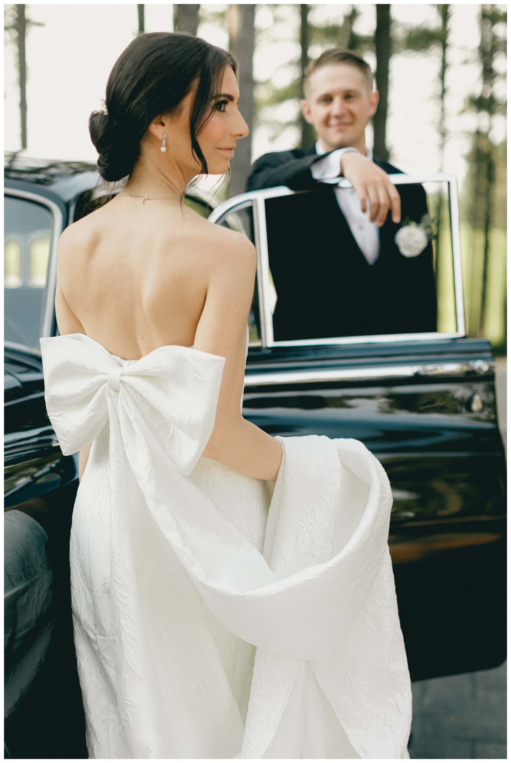 stunning black tie forest wedding with rolls royce vintage car at shepherds hollow near detroit michigan by josh and andrea photography