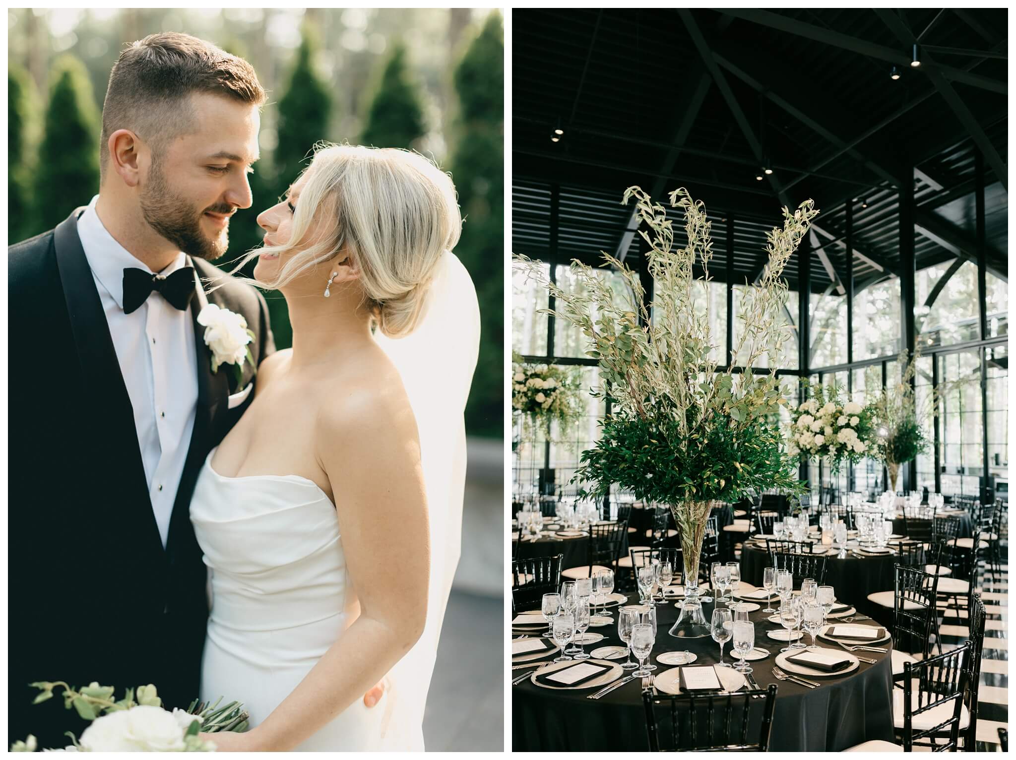 iconic black and white wedding in a forest at shepherds hollow gold club near detroit michigan by josh and andrea photography 