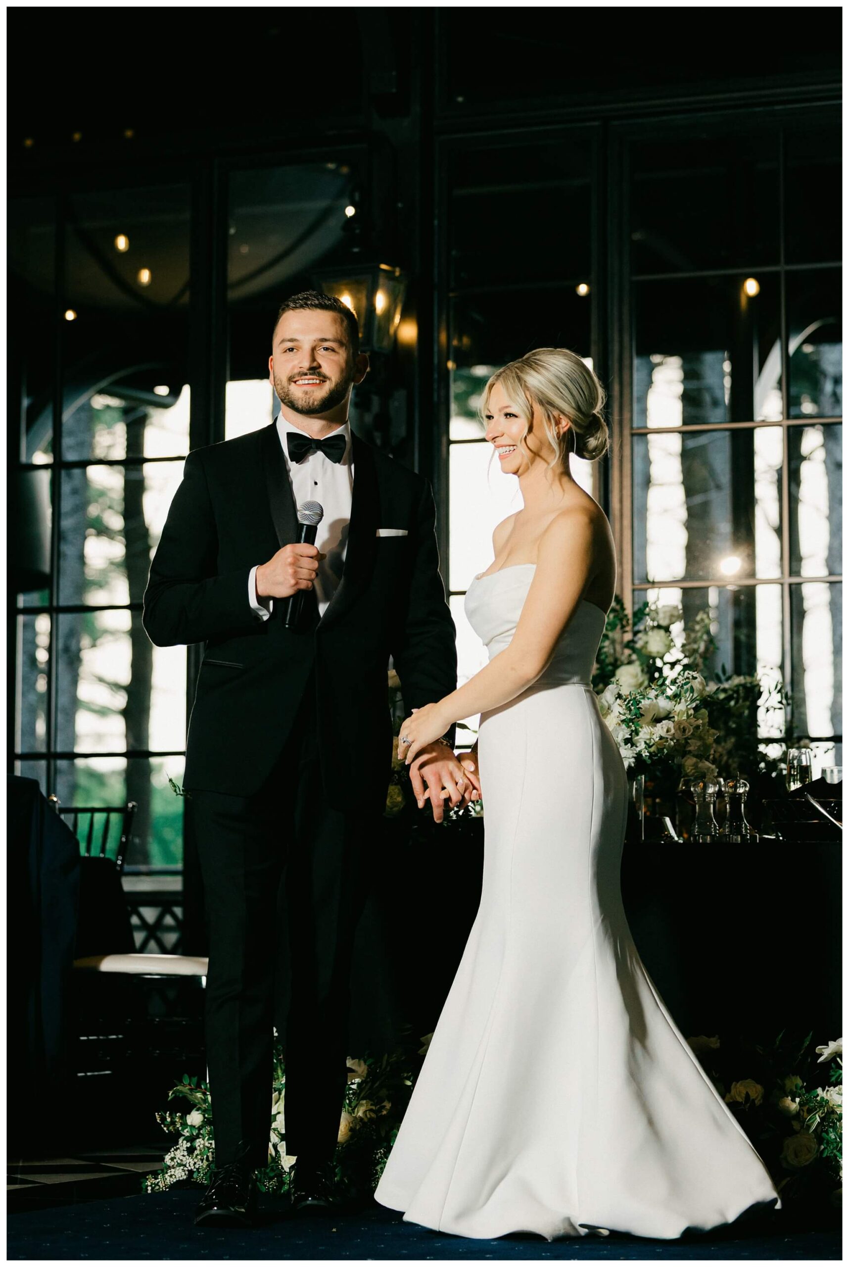 iconic black and white wedding in a forest at shepherds hollow gold club near detroit michigan by josh and andrea photography 