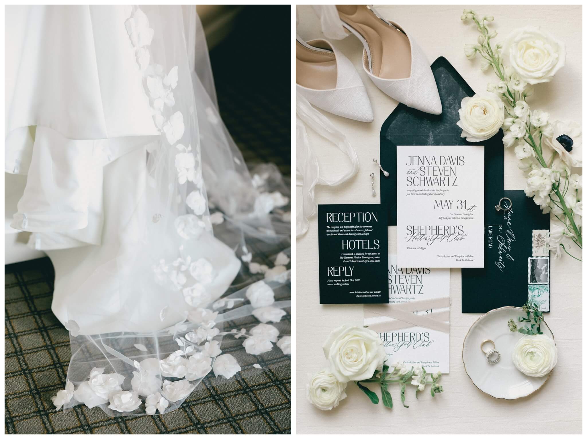 iconic black and white wedding in a forest at shepherds hollow gold club near detroit michigan by josh and andrea photography 