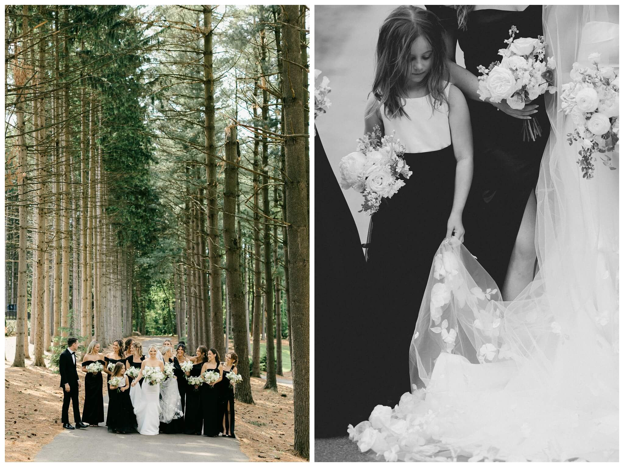 iconic black and white wedding in a forest at shepherds hollow gold club near detroit michigan by josh and andrea photography 