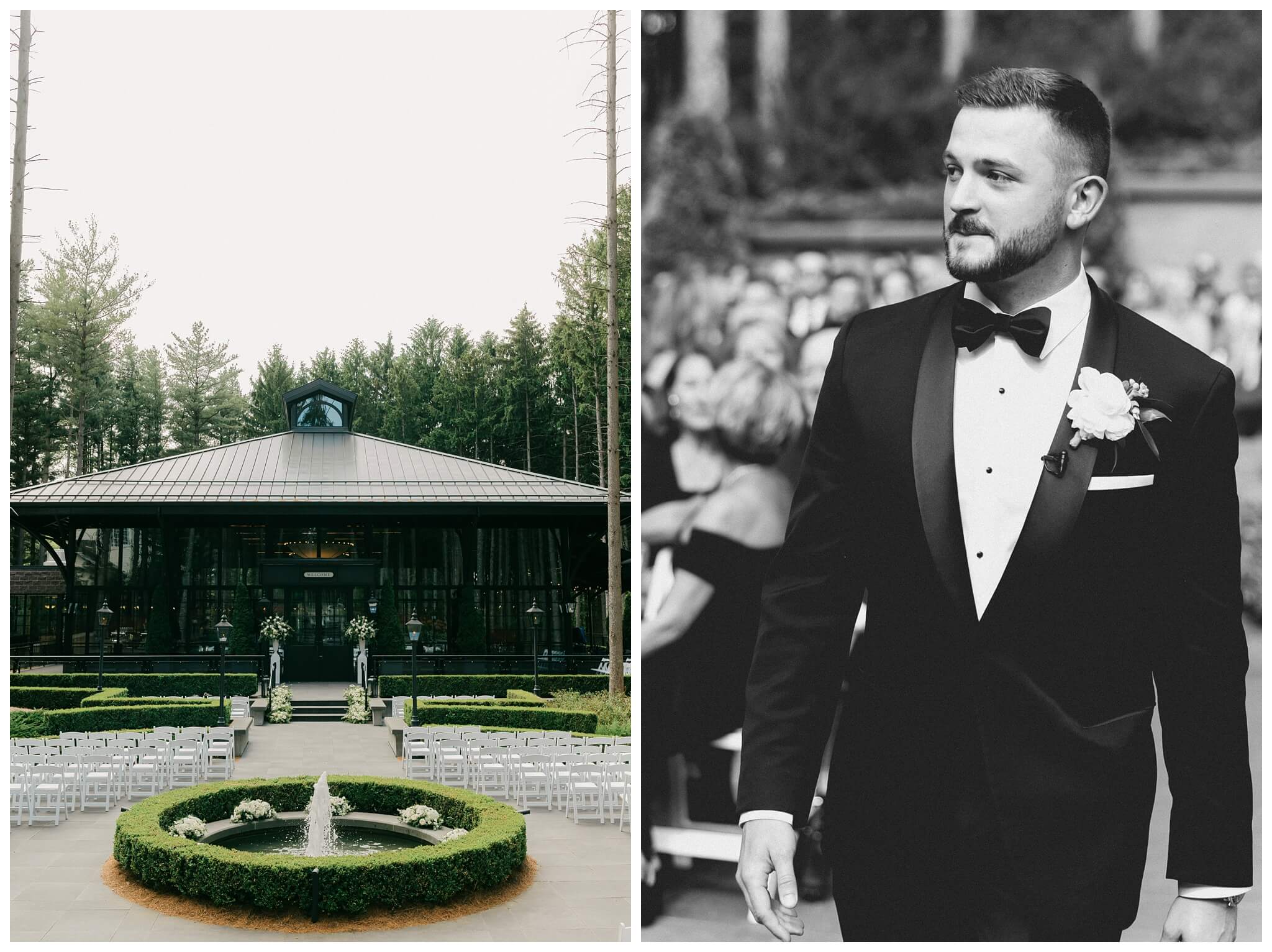 iconic black and white wedding in a forest at shepherds hollow gold club near detroit michigan by josh and andrea photography 