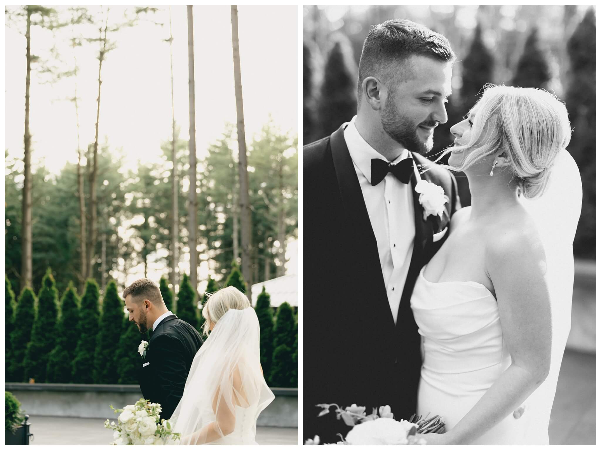 iconic black and white wedding in a forest at shepherds hollow gold club near detroit michigan by josh and andrea photography 