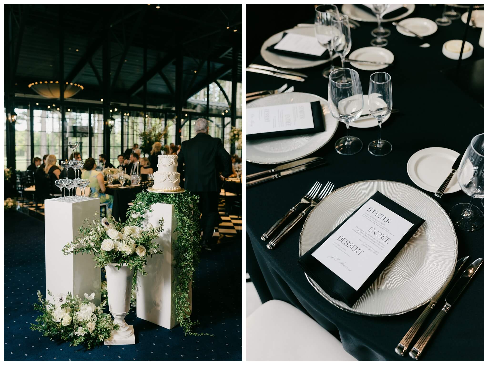 iconic black and white wedding in a forest at shepherds hollow gold club near detroit michigan by josh and andrea photography 