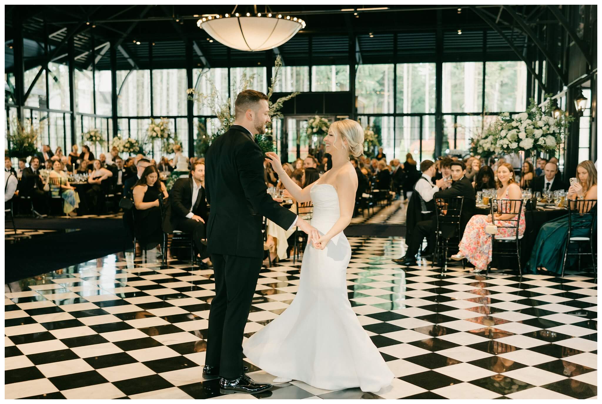 iconic black and white wedding in a forest at shepherds hollow gold club near detroit michigan by josh and andrea photography 