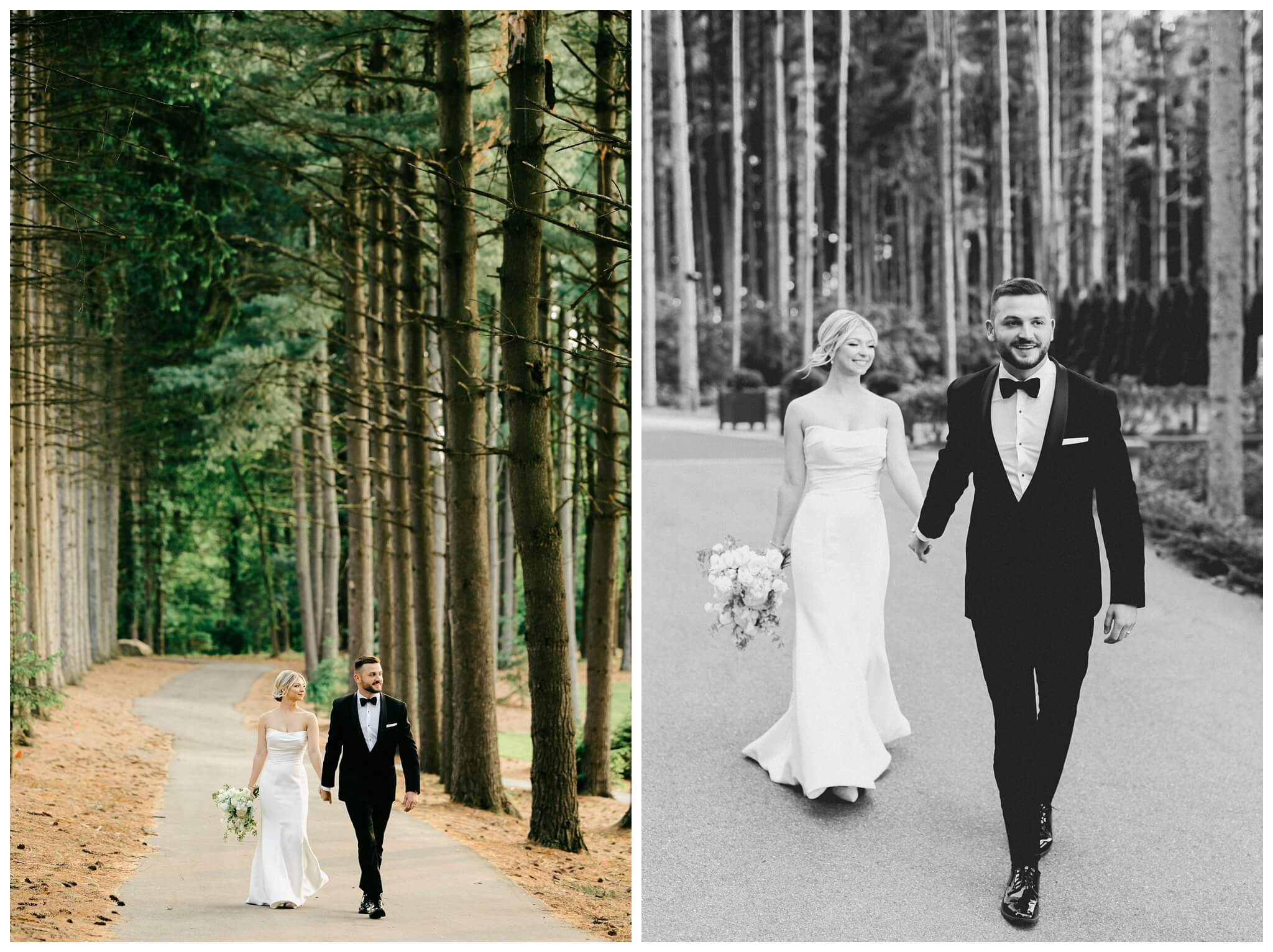 iconic black and white wedding in a forest at shepherds hollow gold club near detroit michigan by josh and andrea photography 