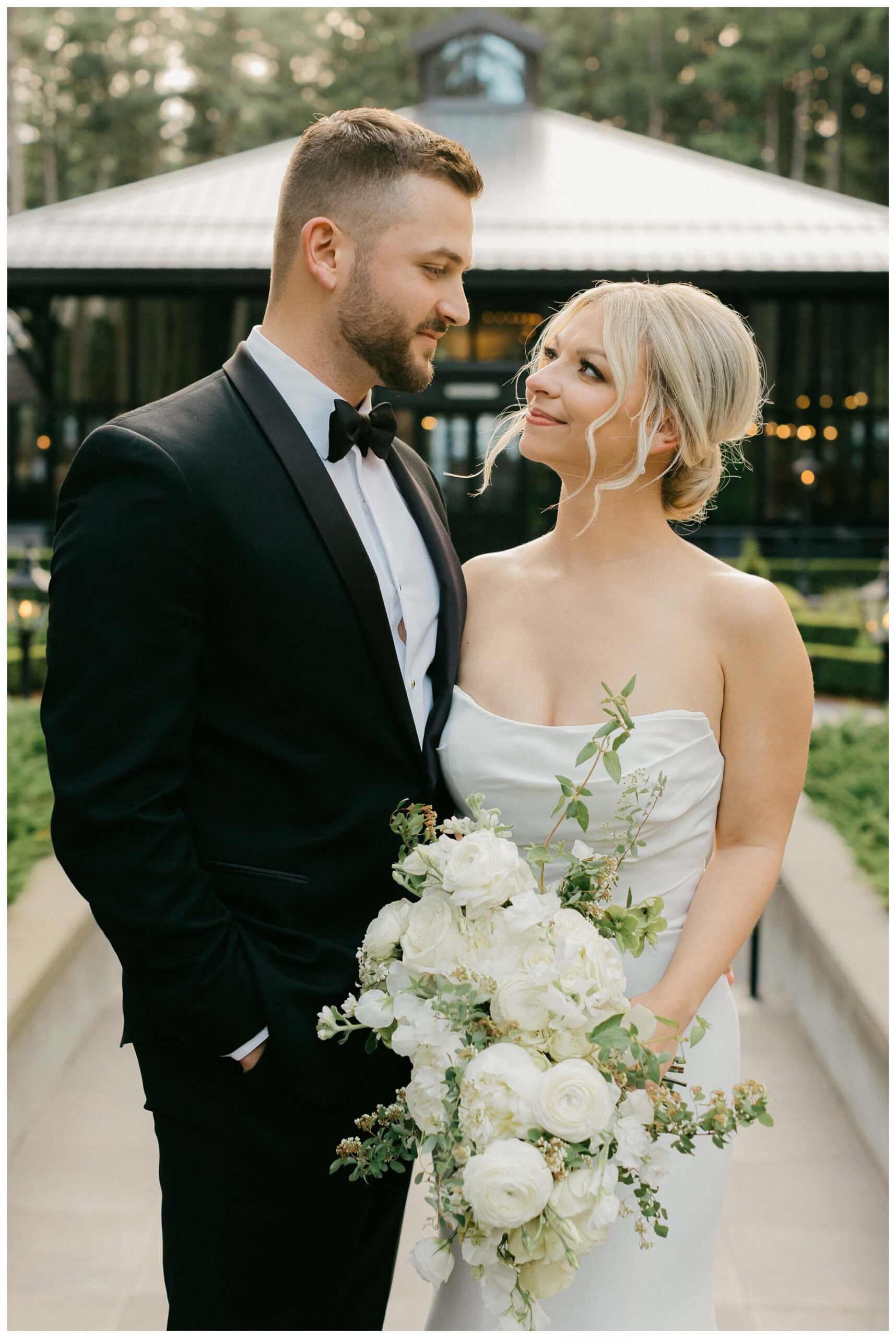 iconic black and white wedding in a forest at shepherds hollow gold club near detroit michigan by josh and andrea photography 