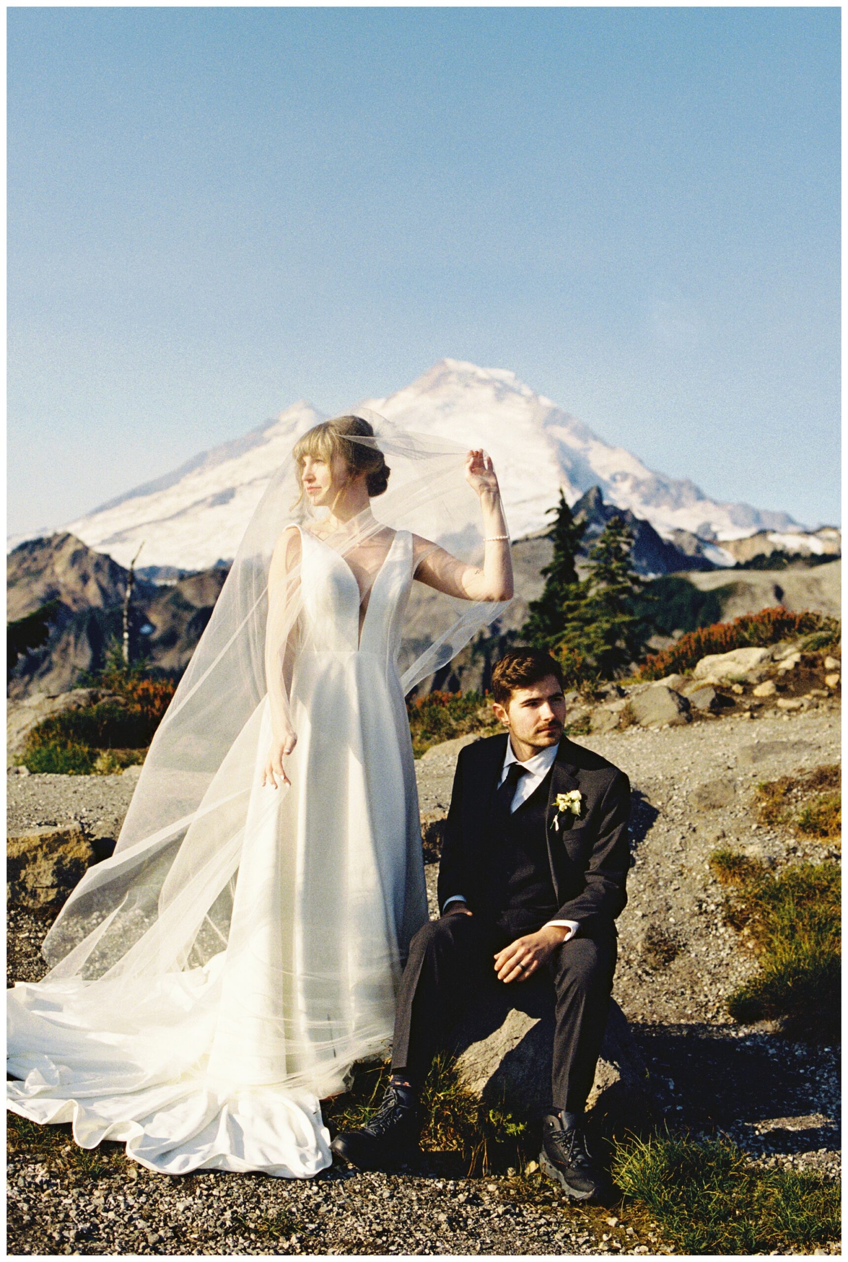 bride and groom portrait on majestic mountain wedding near deming washington by josh and andrea photography