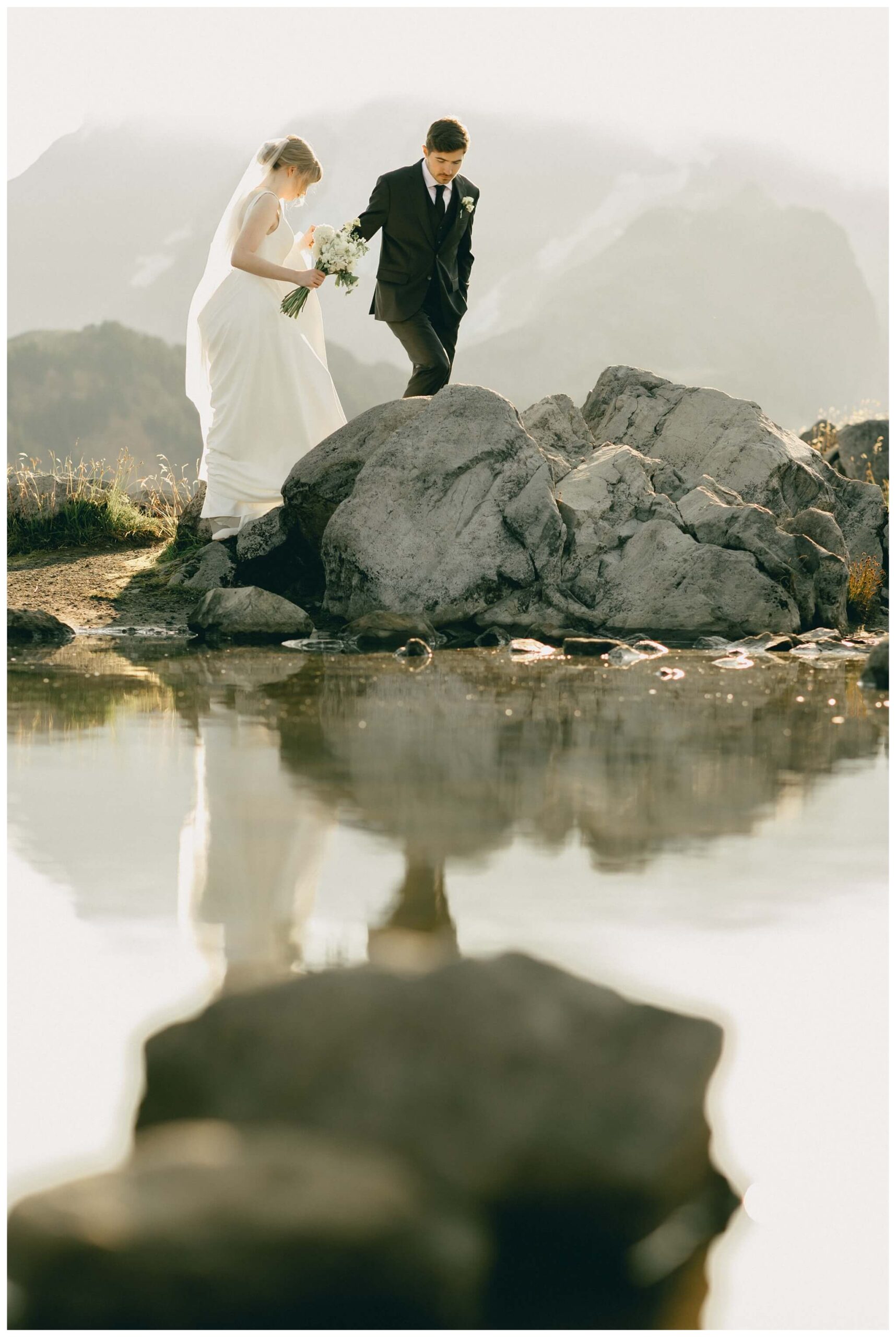 epic mountain top sunrise wedding near mount baker at artist point hiking trail in deming washington by josh and andrea photography