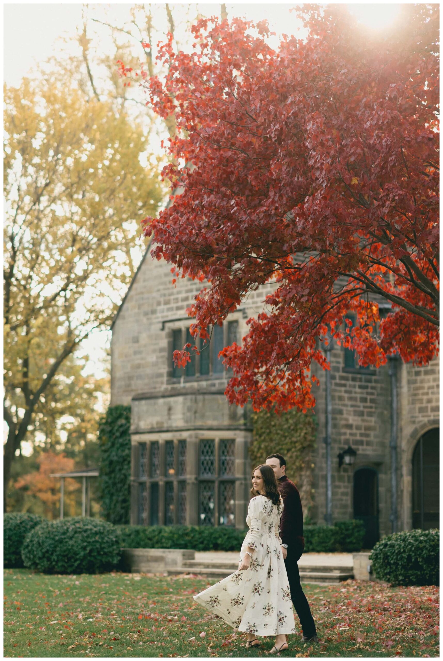 classy inspired romantic fall engagement shoot with an estate near Detroit at the edsel and eleanor ford house by josh and andrea photography