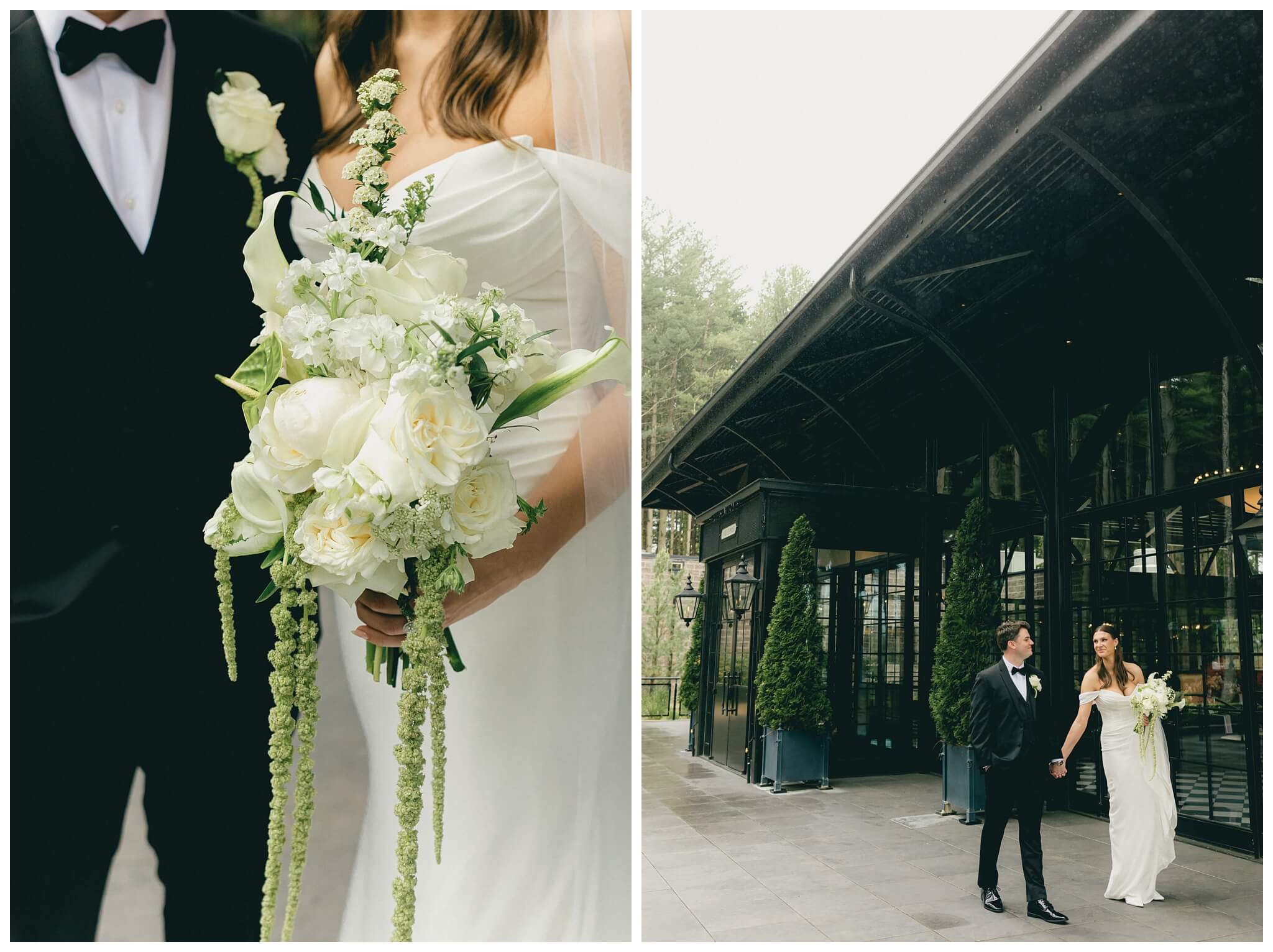 bride and groom on a walk during their first look at Shepherd's Hollow on a rainy wedding day photographed by josh and andrea photography 