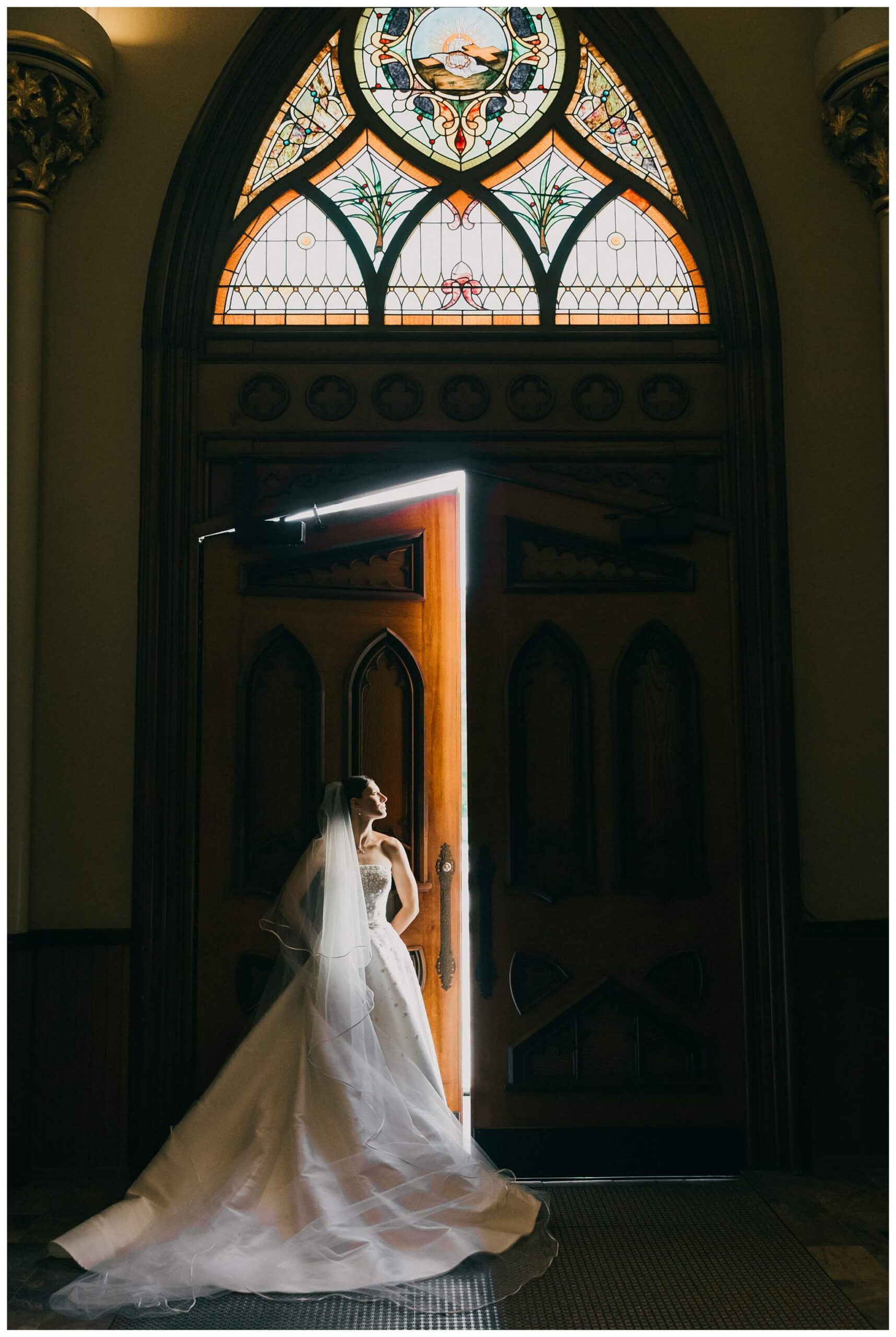bride portraits at the basilica in Notre dame indiana by josh and andrea photography