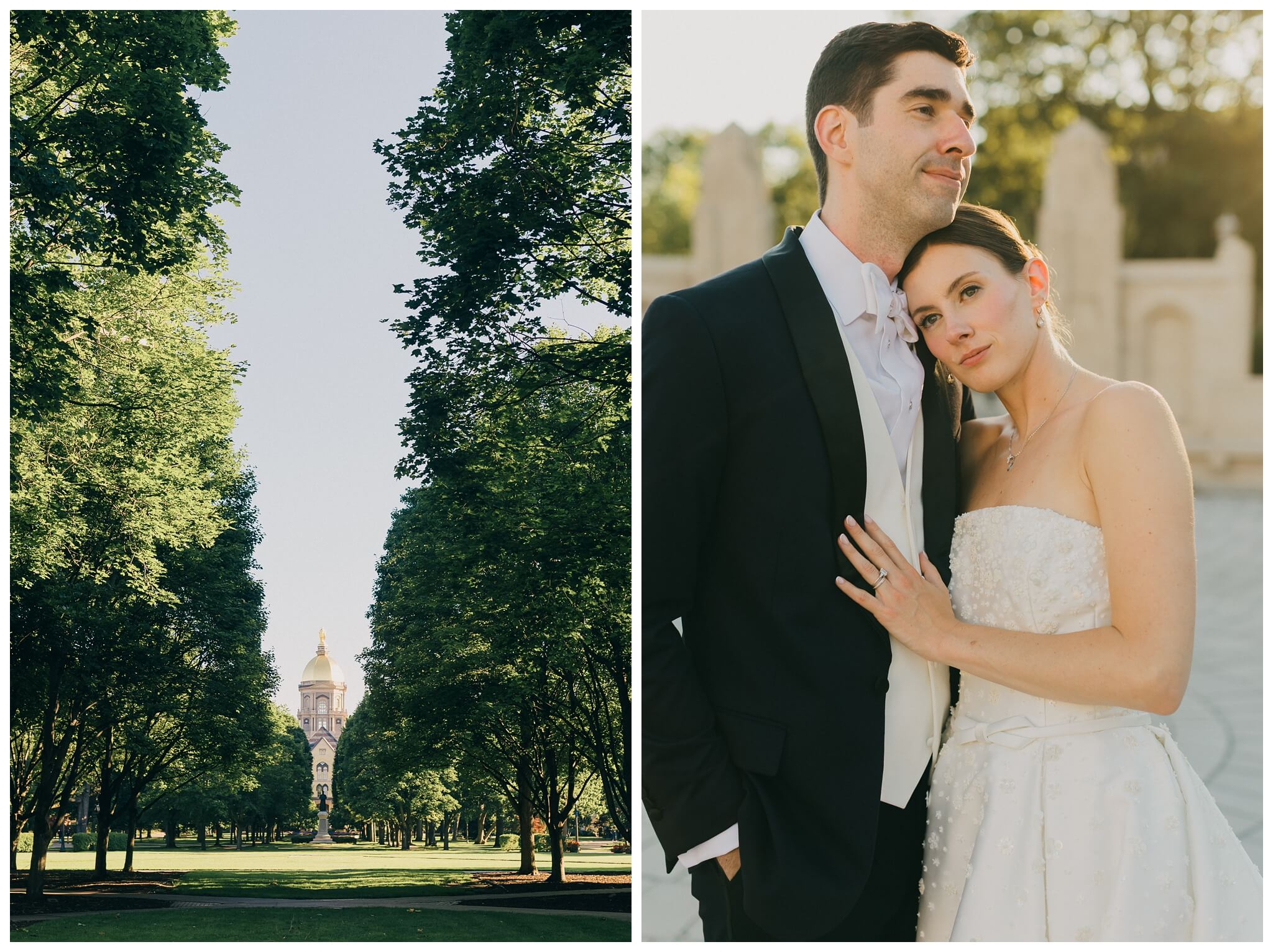 bride and groom golden hour portraits at Notre dame indiana by josh and andrea photography