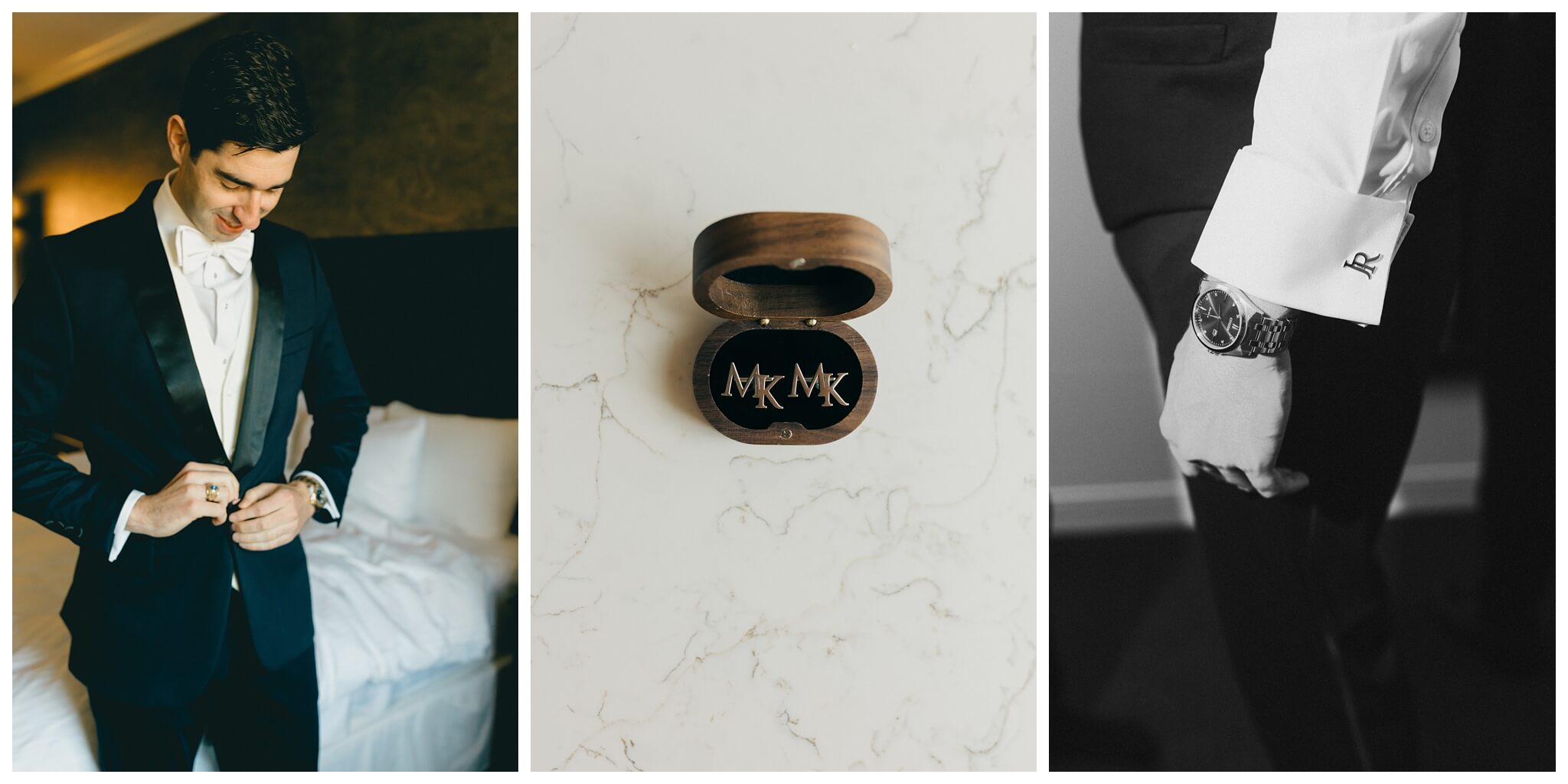 groom getting ready in the morris inn at Notre dame indiana by josh and andrea photography