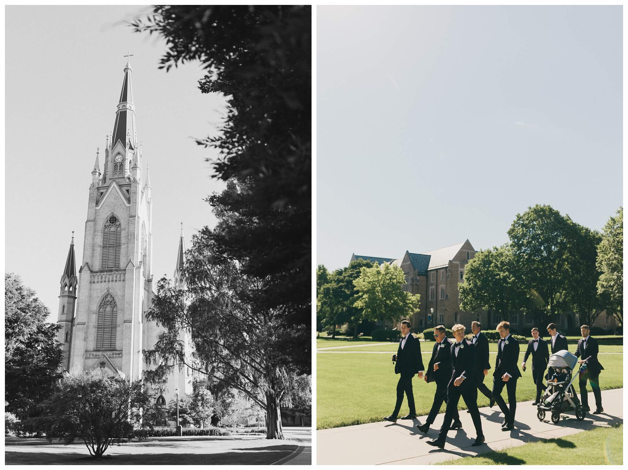 groomsmen walking to the basilica at Notre dame indiana by josh and andrea photography