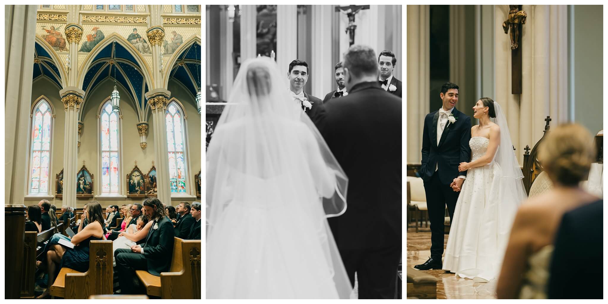 bride and groom at catholic ceremony mass photos in the basilica at Notre dame indiana by josh and andrea photography