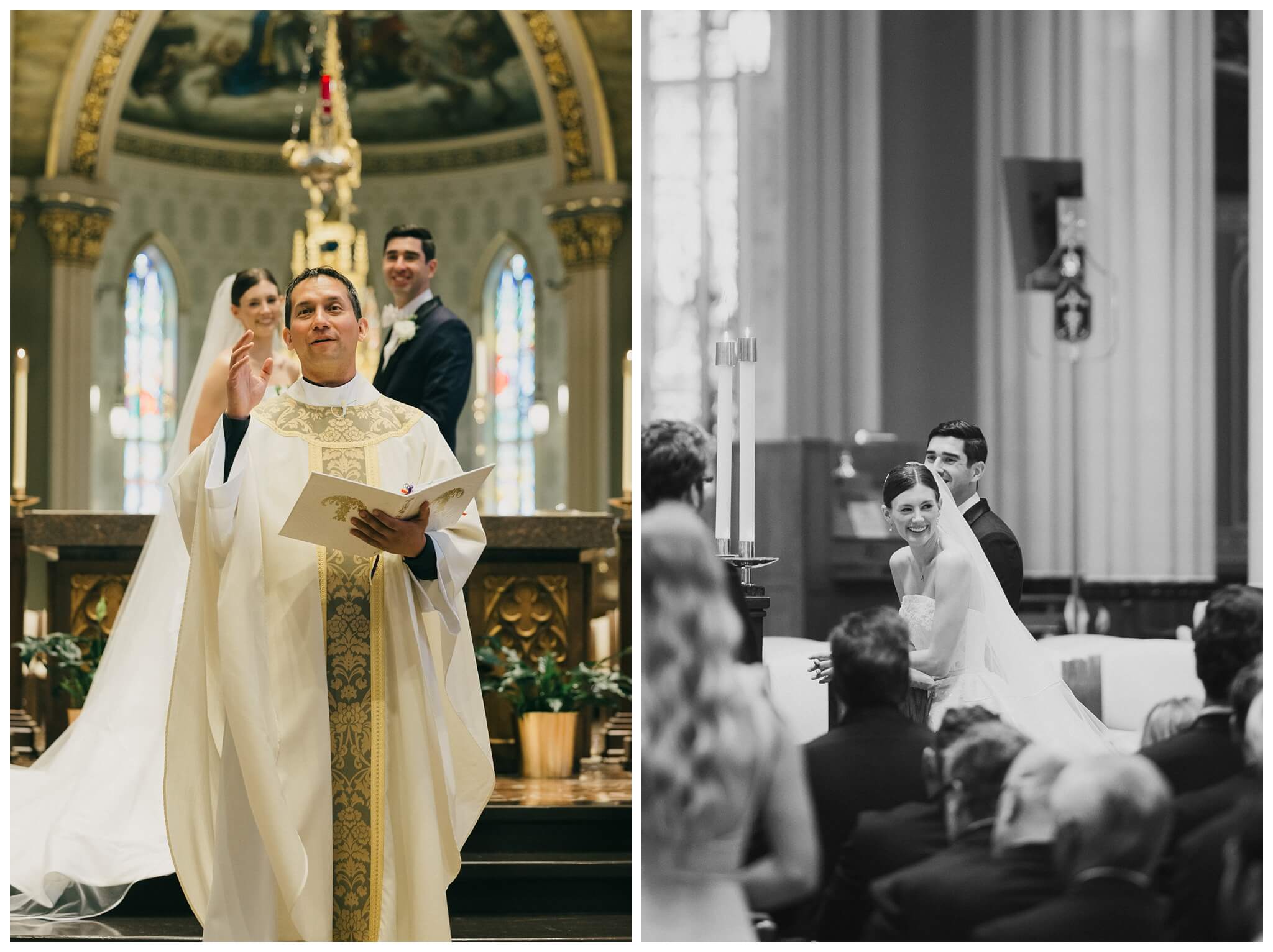 bride and groom at catholic ceremony mass photos in the basilica at Notre dame indiana by josh and andrea photography