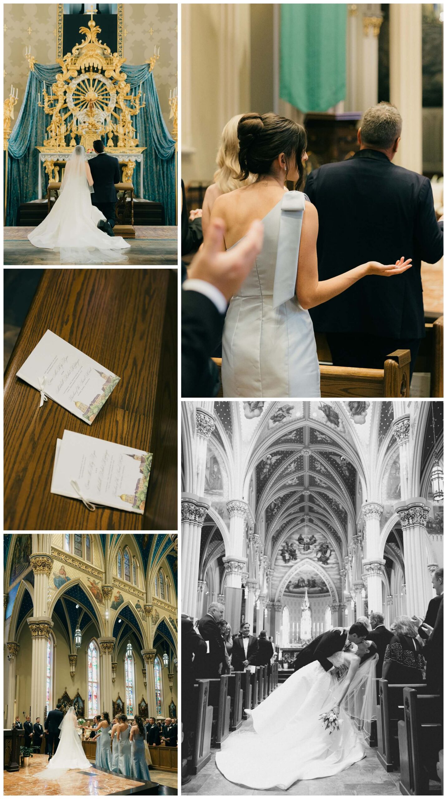bride and groom at catholic ceremony mass photos in the basilica at Notre dame indiana by josh and andrea photography