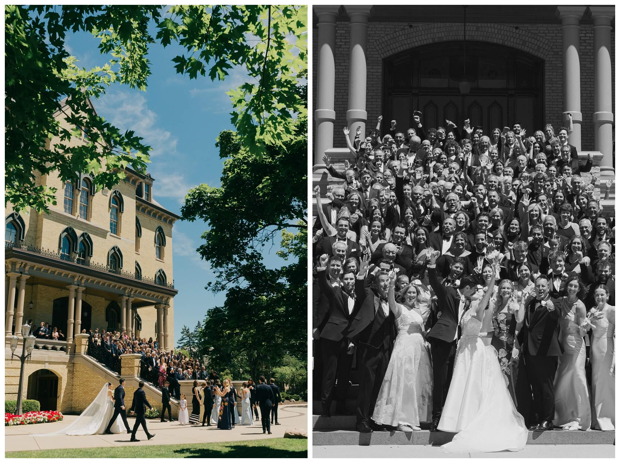 bride and groom group portrait on the main building steps at Notre dame indiana by josh and andrea photography
