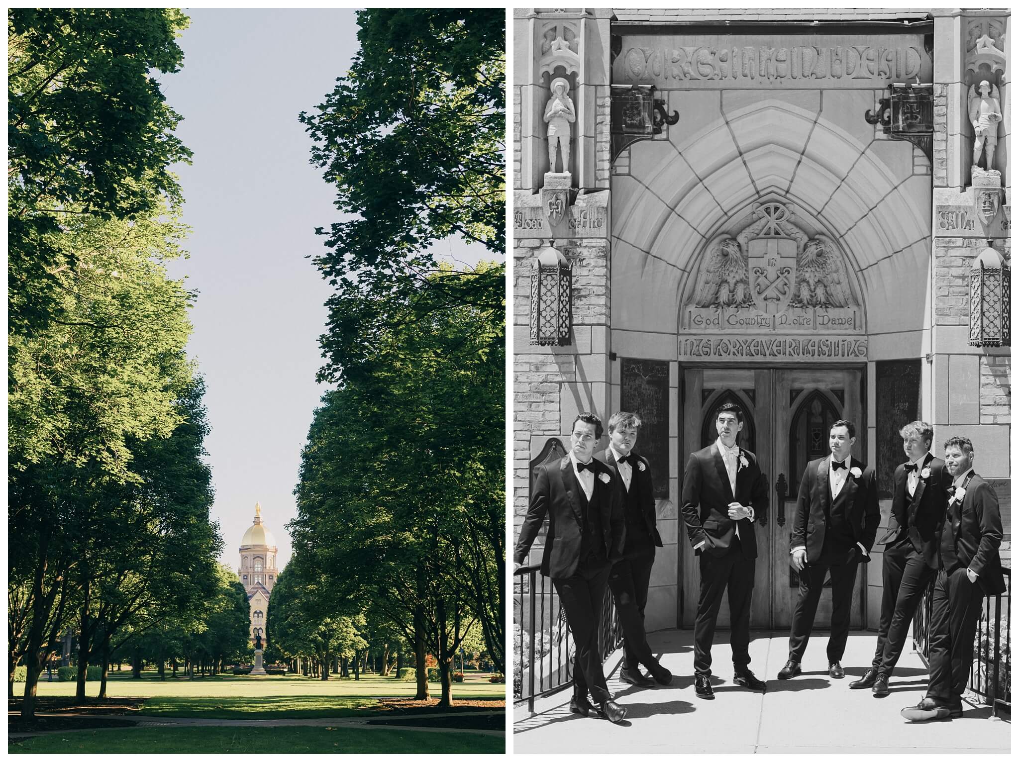 sunny groomsmen portrait in front of the basilica at Notre dame indiana by josh and andrea photography