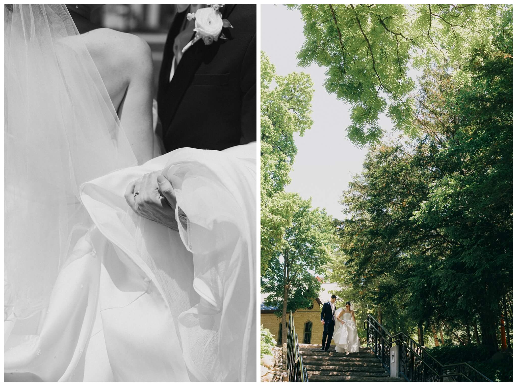 sunny bride and groom portrait walking to the grotto at Notre dame indiana by josh and andrea photography